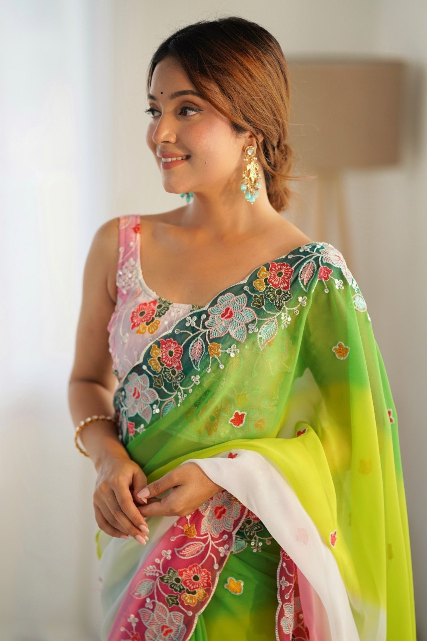 Parrot Green and White Georgette Saree