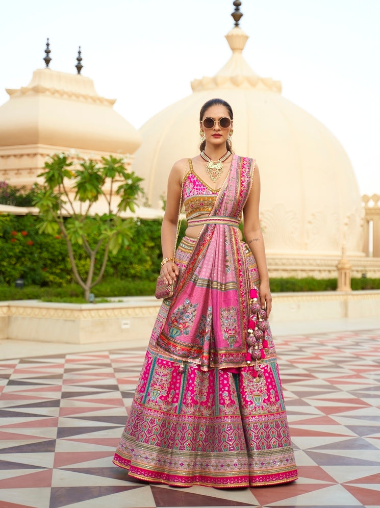 Rose Wood Pink Woven Lehenga Choli With Heavy Embroidery Work