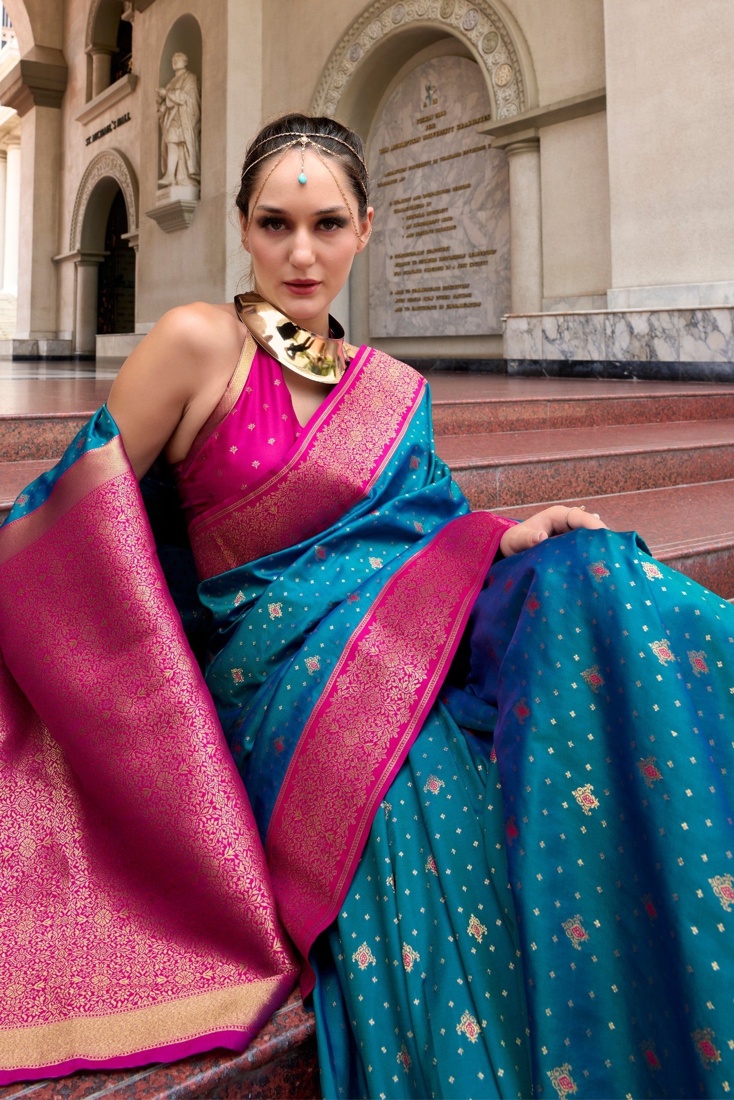 Metallic Blue Zari Woven Banarasi Soft Silk Saree