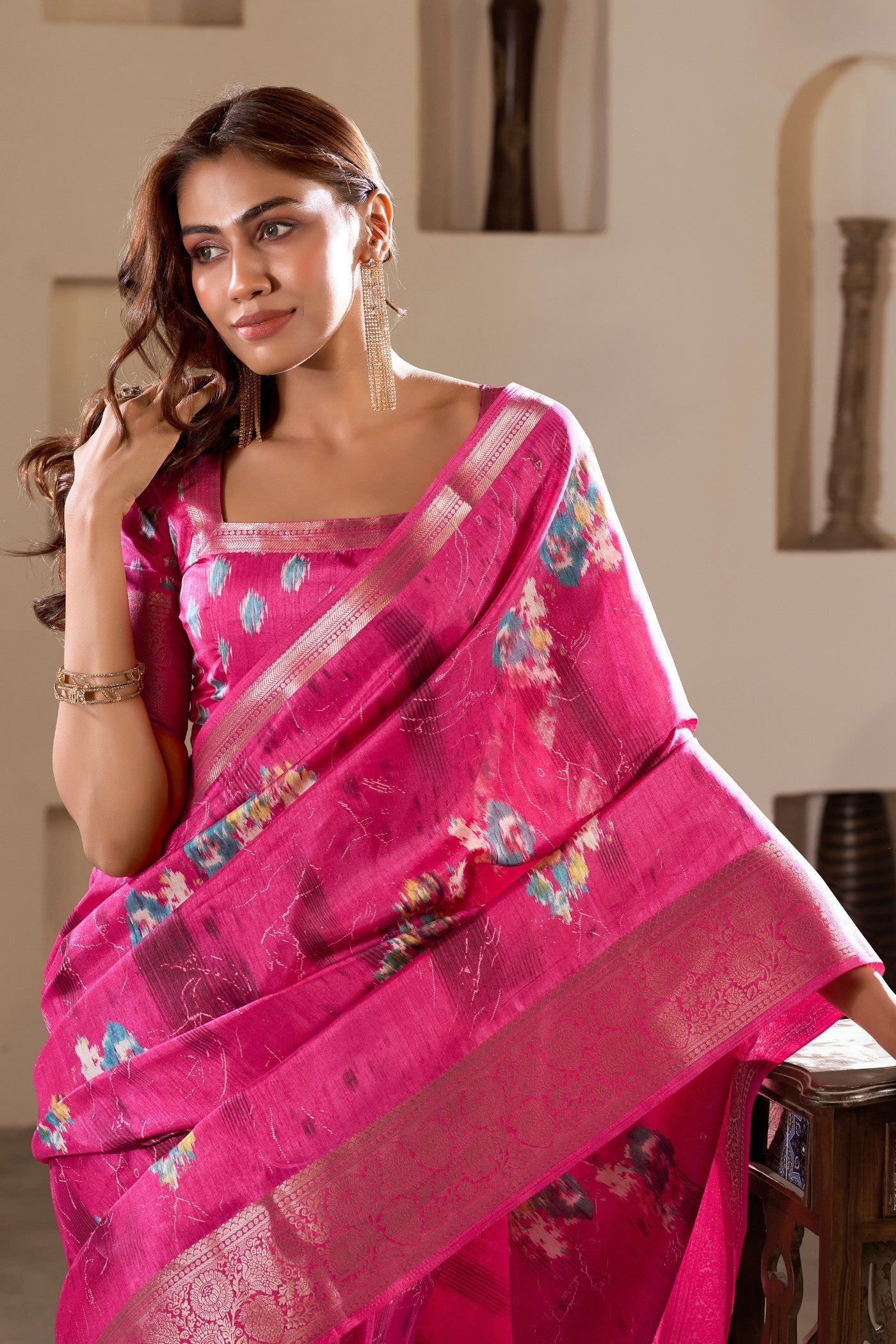 Cherry Pink Printed Soft Dola Silk Saree