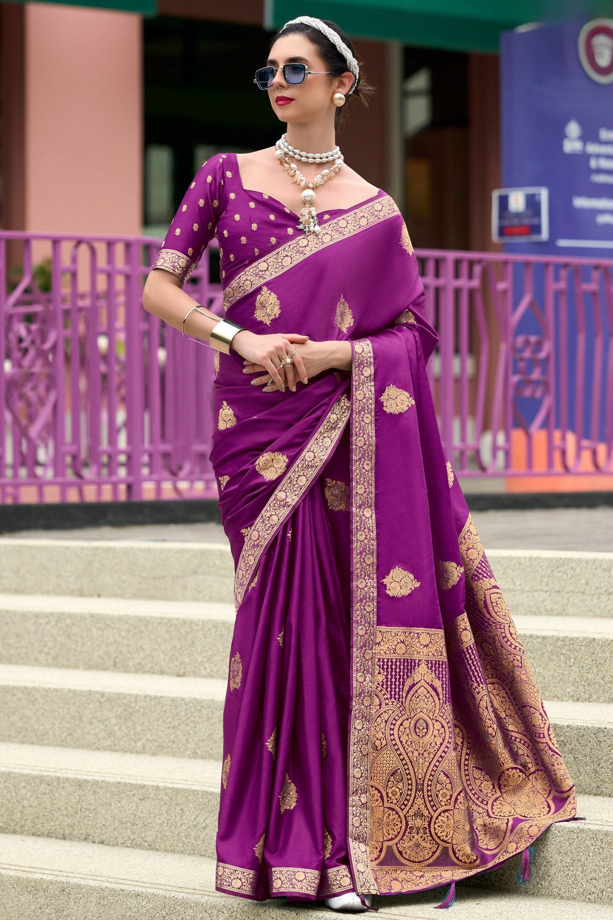 Midnight Pearl Purple Banarasi Handloom Satin Saree