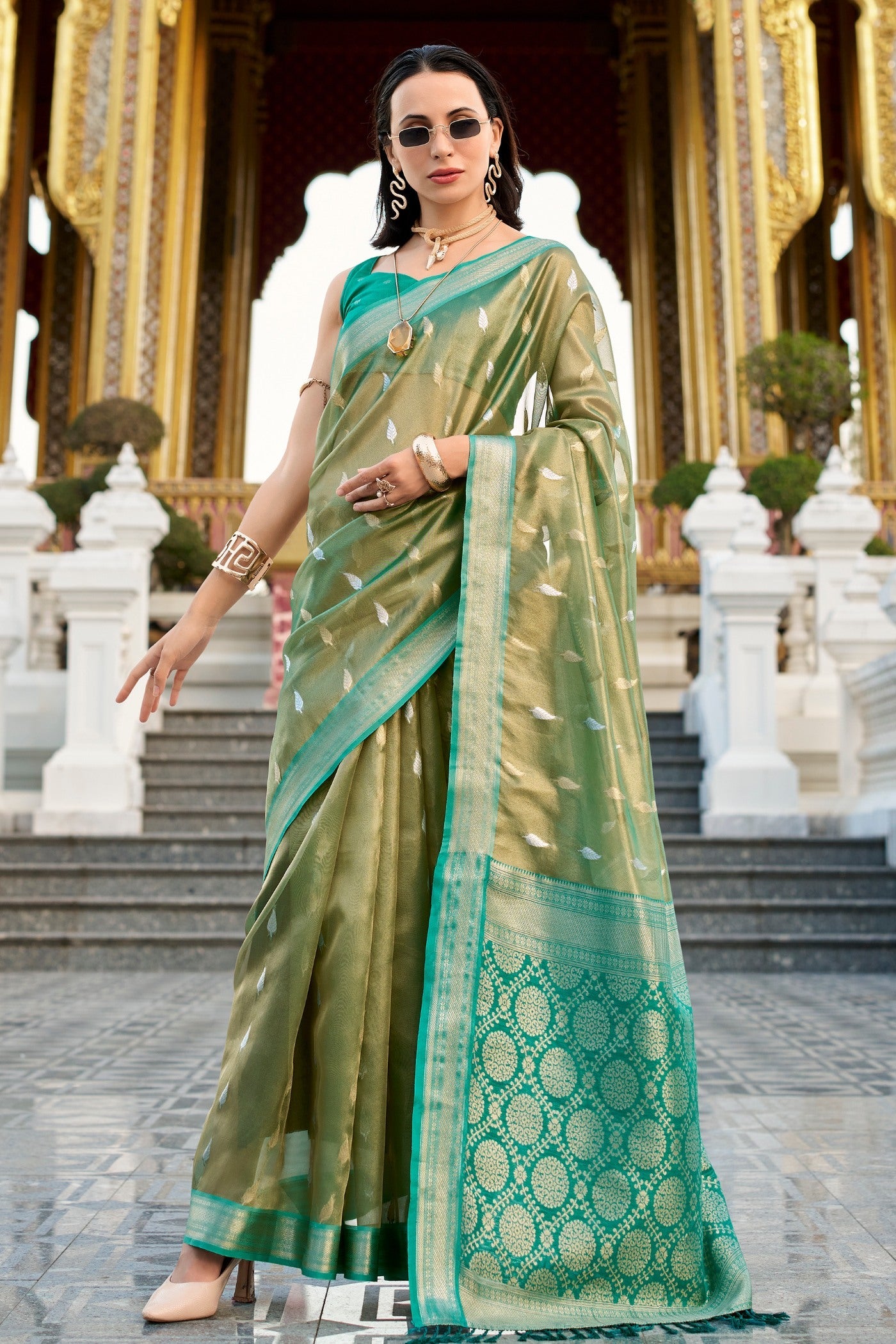 Sapling Green Tissue Silk Saree