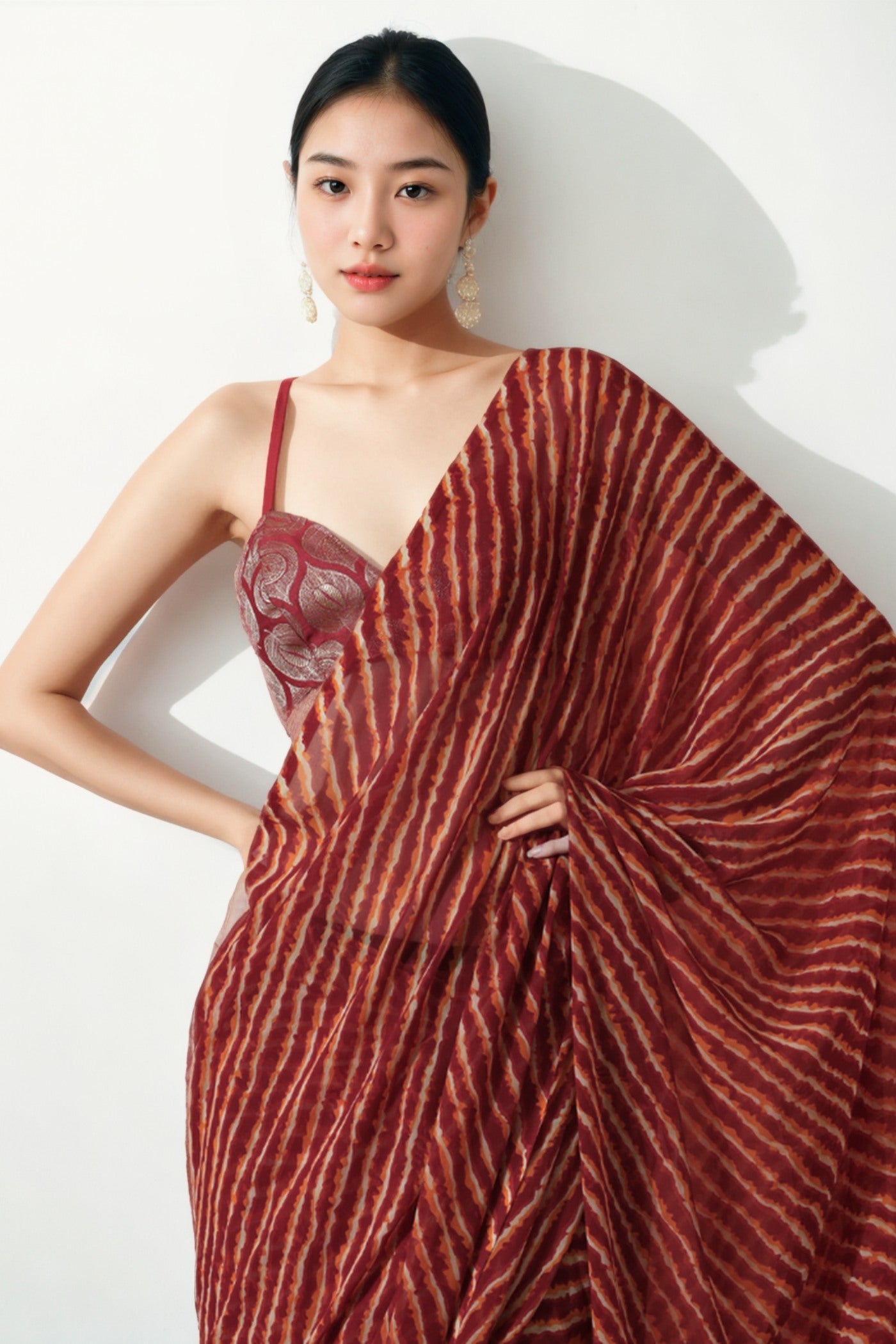 Mocca Maroon Marbel Chiffon Ready To Wear Saree