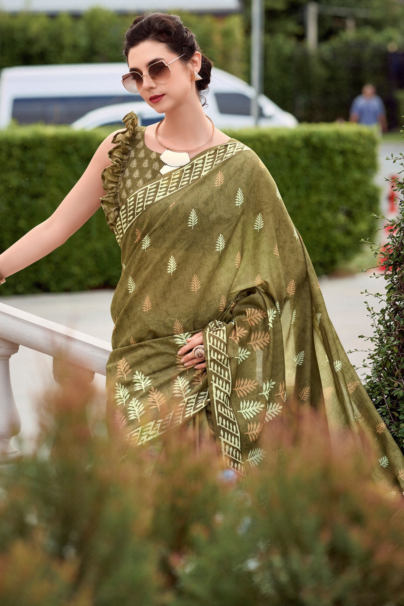 Misty Moss Green Mul Mul Cotton Saree