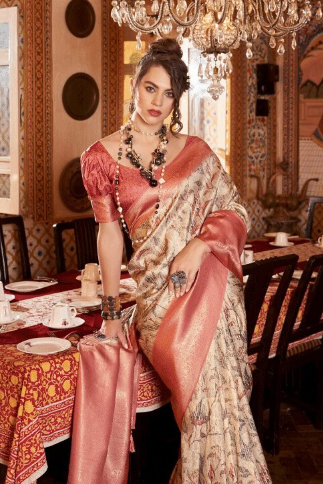 Copper Peach Banarasi Digital Printed Saree