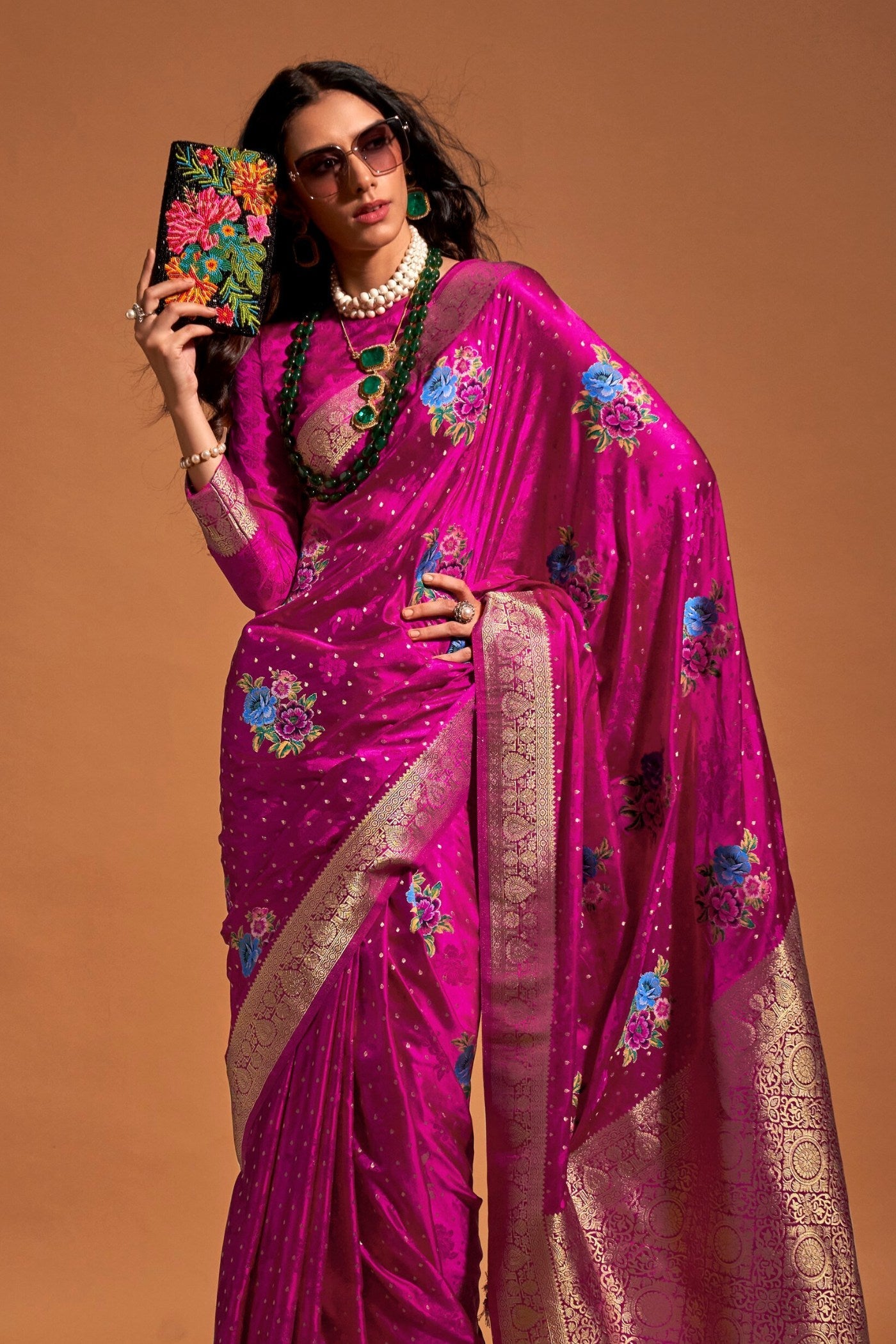 Cerise Pink Handloom Satin Silk Saree