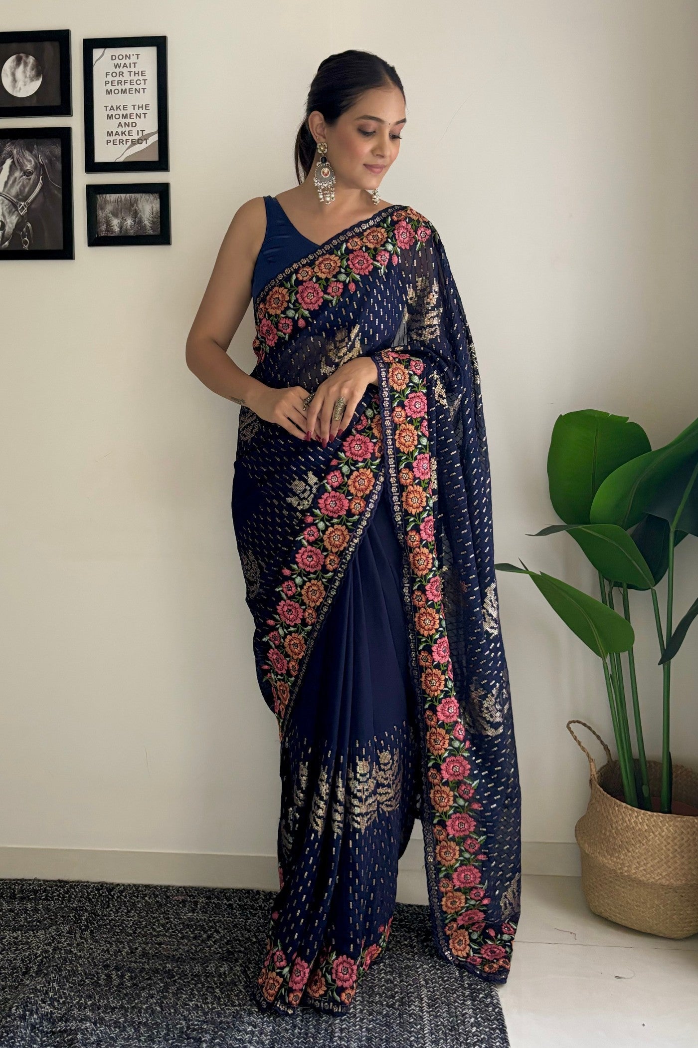 Navy Blue Embroidery Designer Georgette Saree