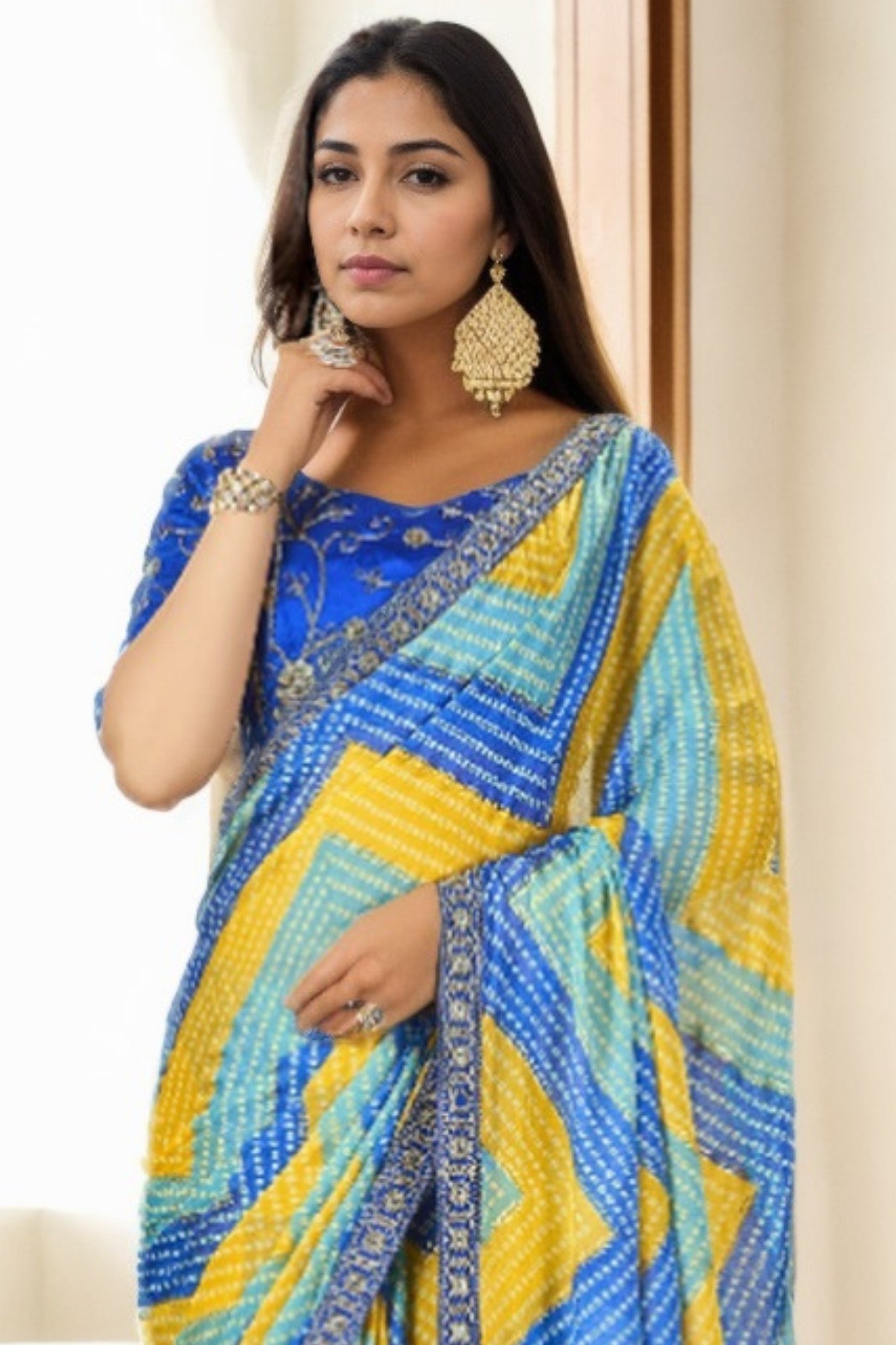 Azure Blue and Yellow Bandhani Digital Printed Silk Saree