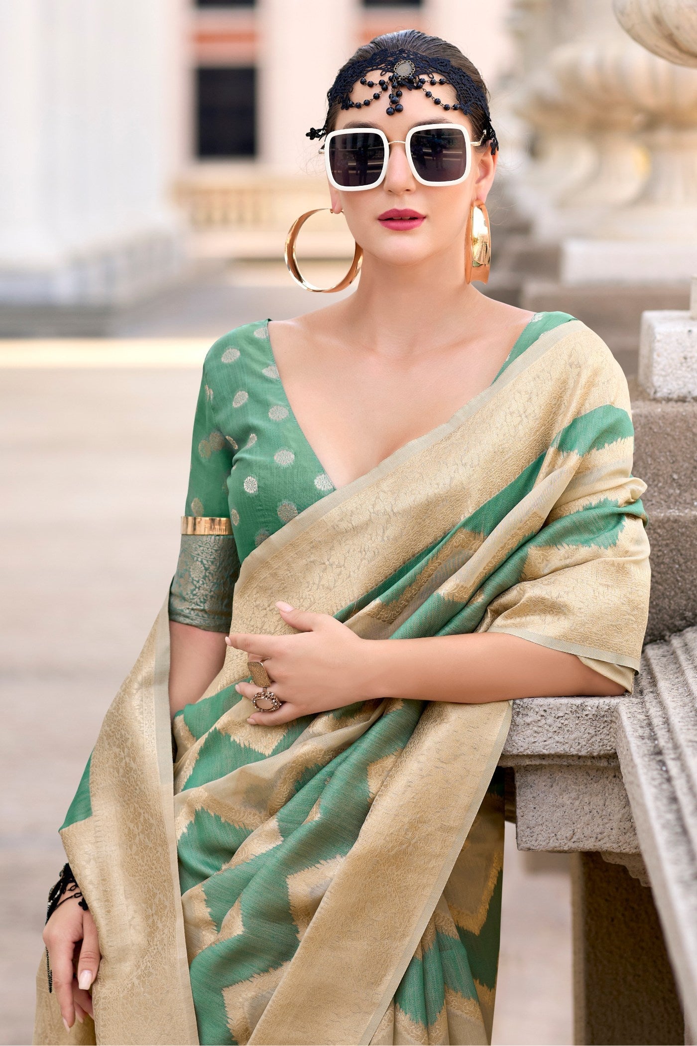 Cactus Green Woven Linen Cotton Saree