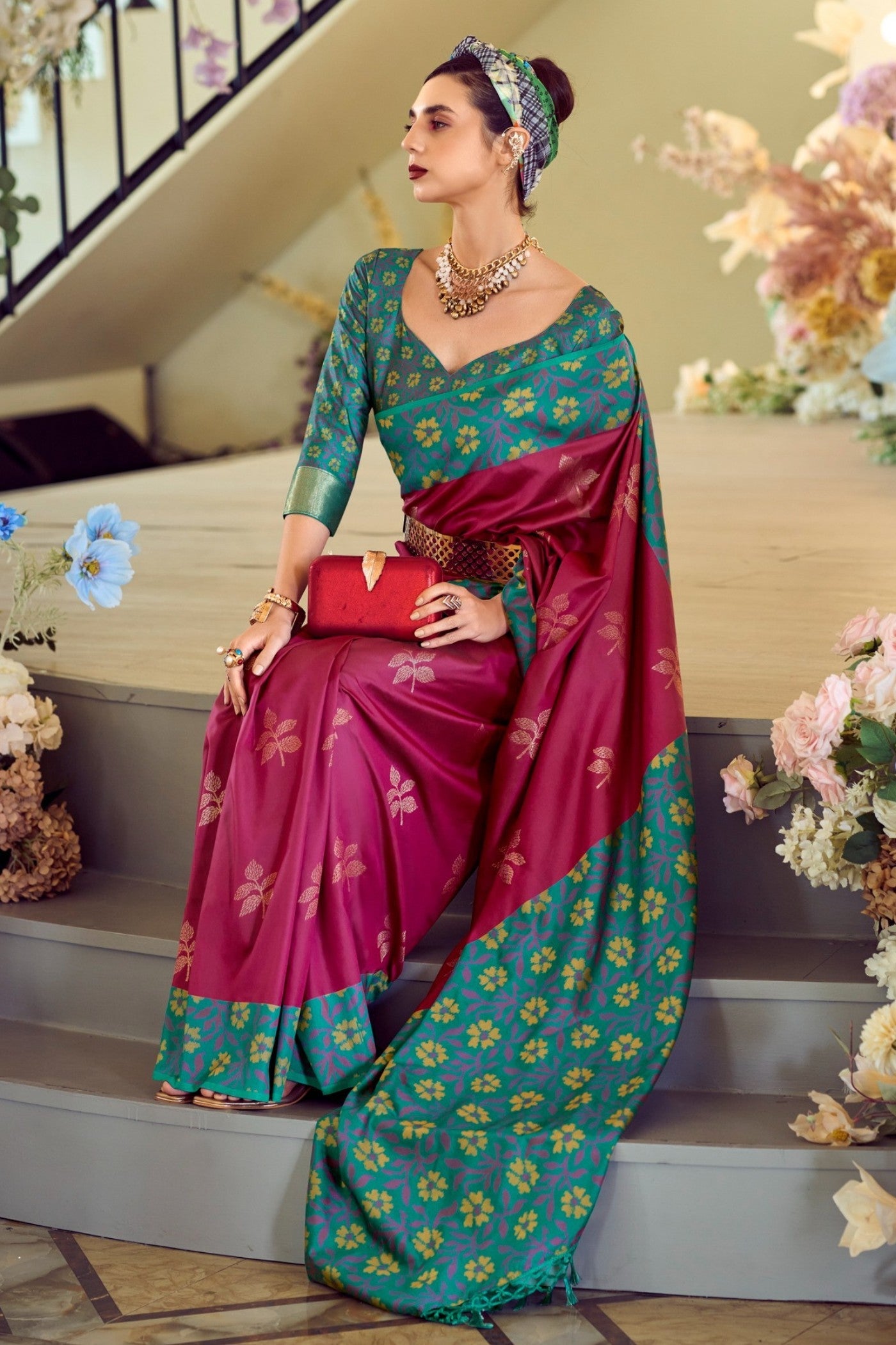 Claret Maroon Woven Banarasi Soft Silk Saree