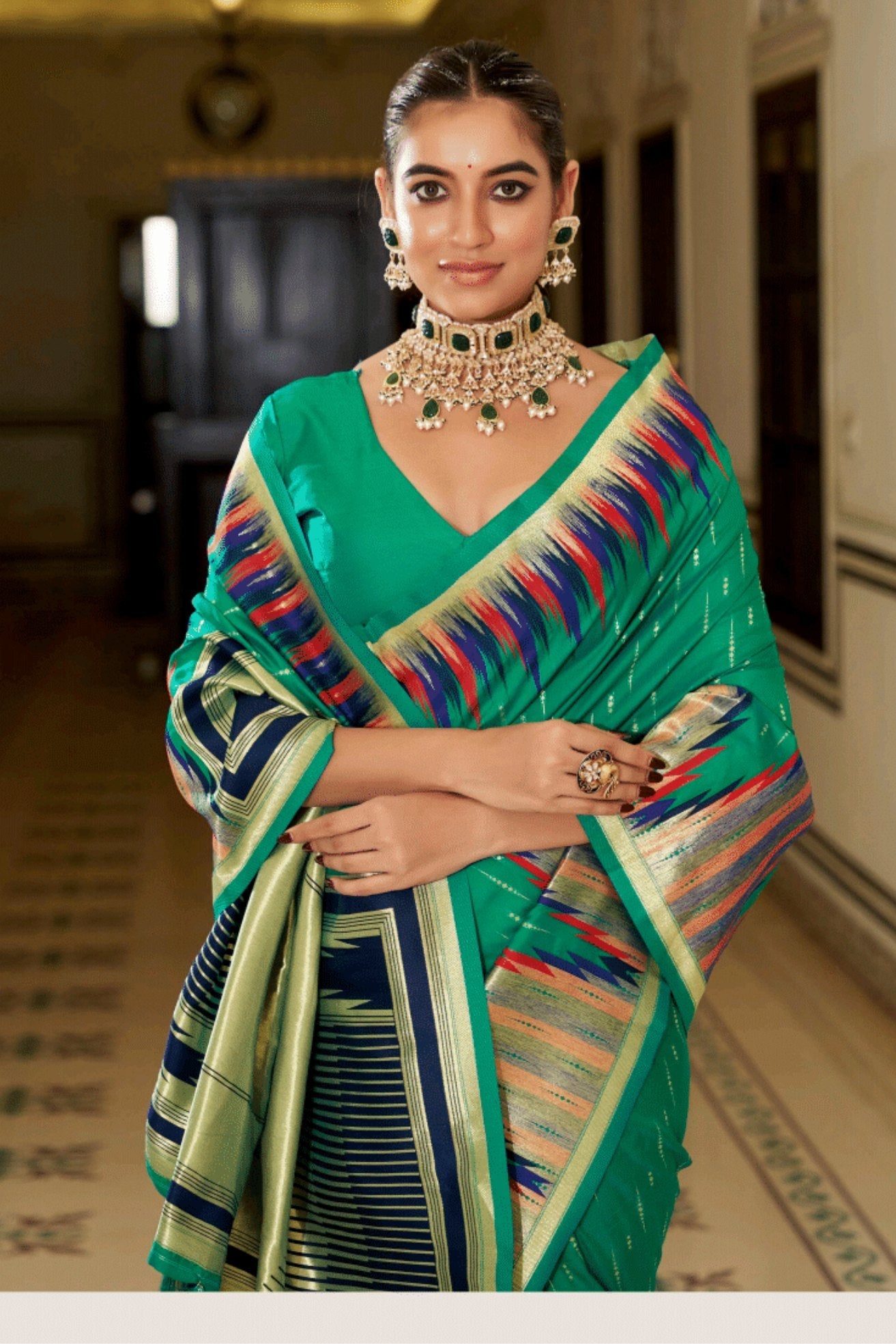 Turtle Green Woven Tussar Silk Saree