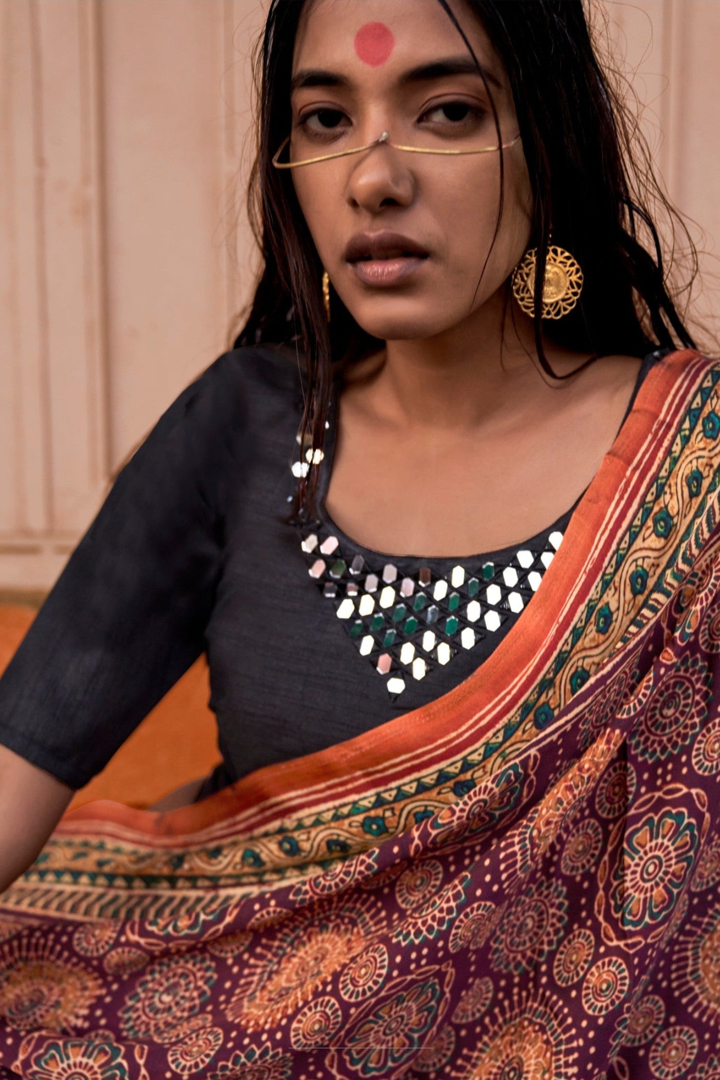 Coca Brown and Orange Ajrakh Handprinted Satin Saree