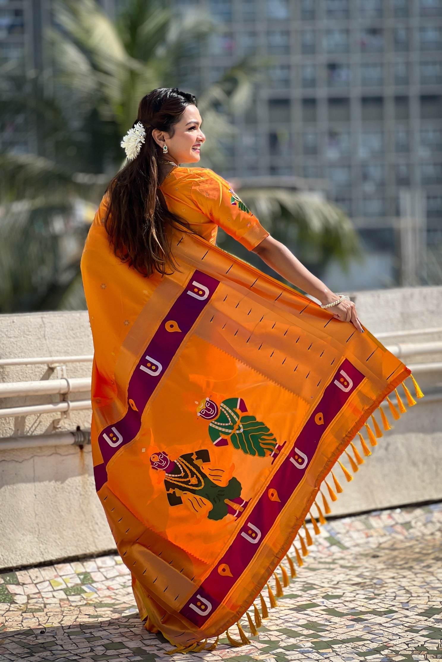 Neon Orange Woven Paithani Saree