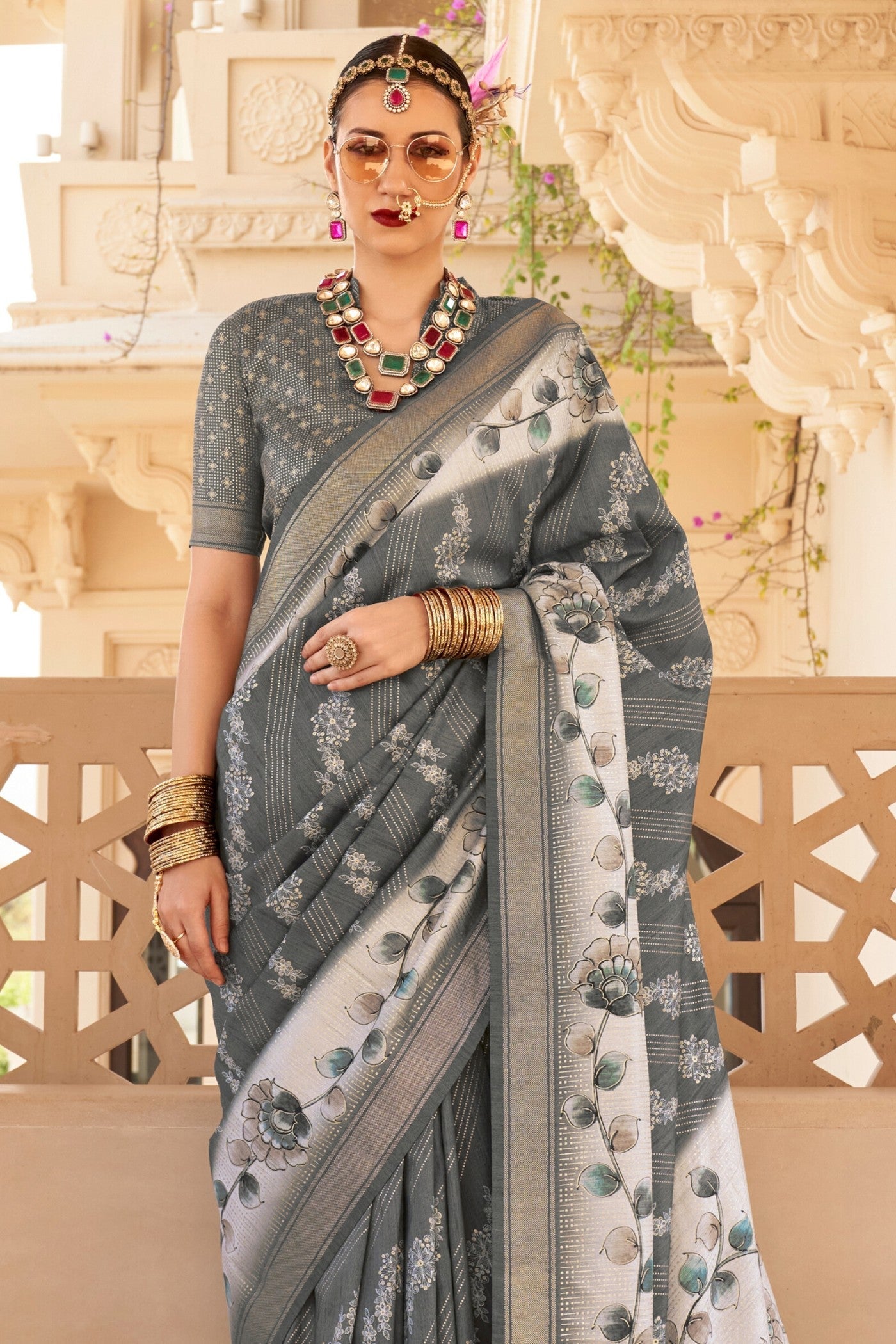 Ironside Grey Floral Printed Banarasi Saree