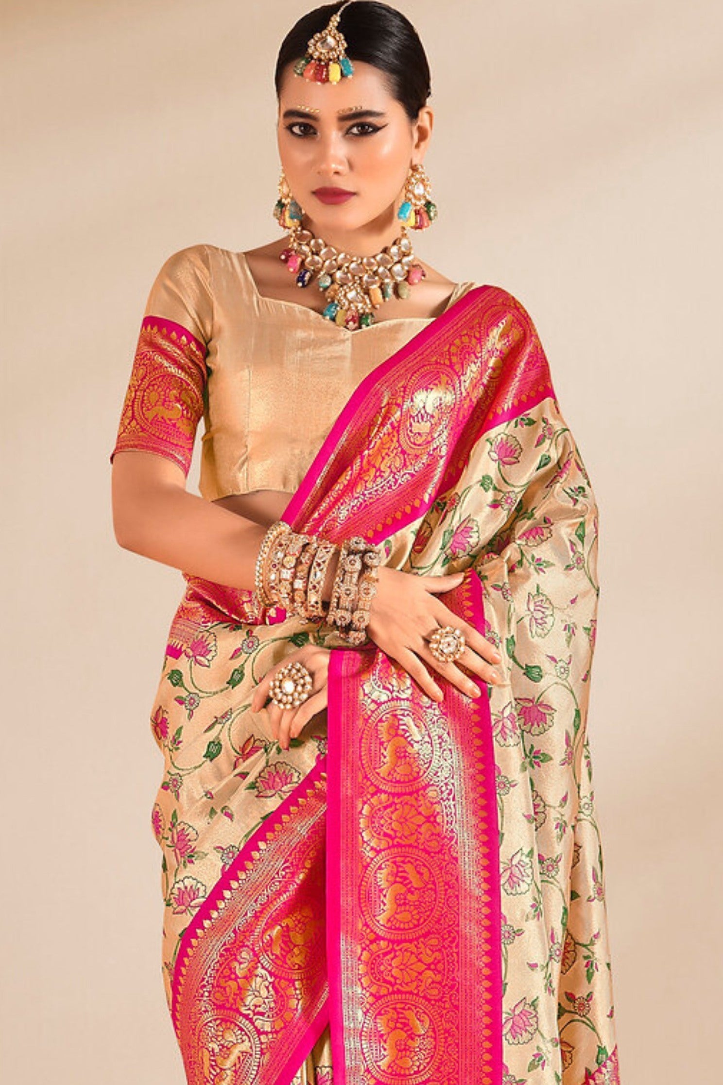 Negroni Cream and Pink Zari Woven Banarasi Saree