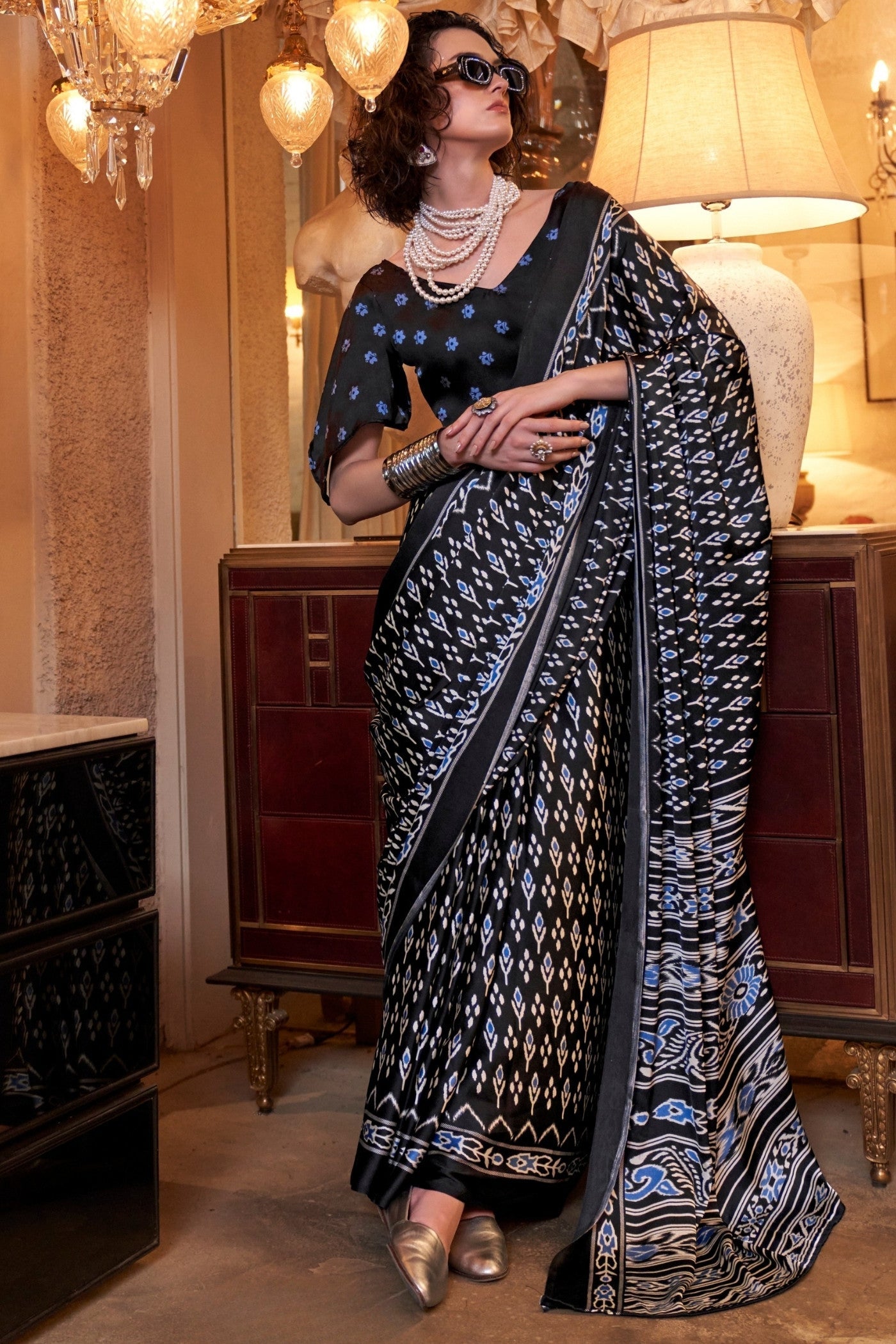 Spider Black Patola Printed Satin Crepe Saree