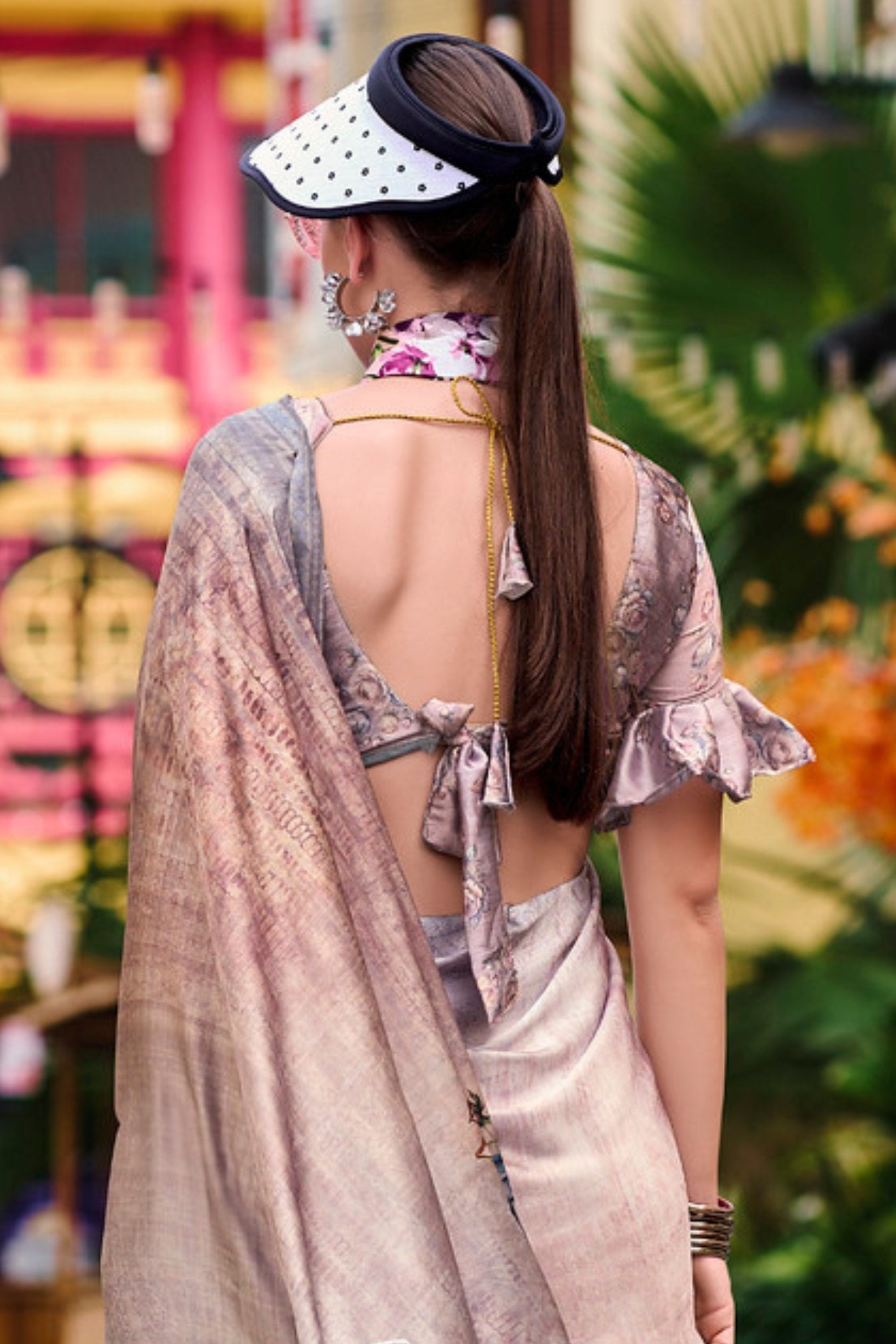 Quicksand Brown Printed Satin Crepe Silk Saree