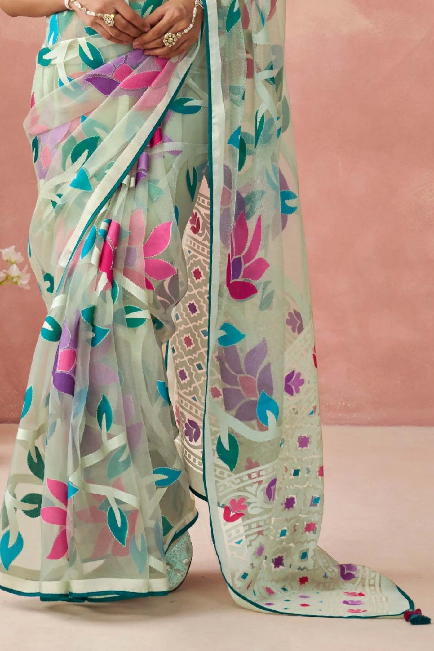 Elm Blue and White Brasso Organza Printed Saree