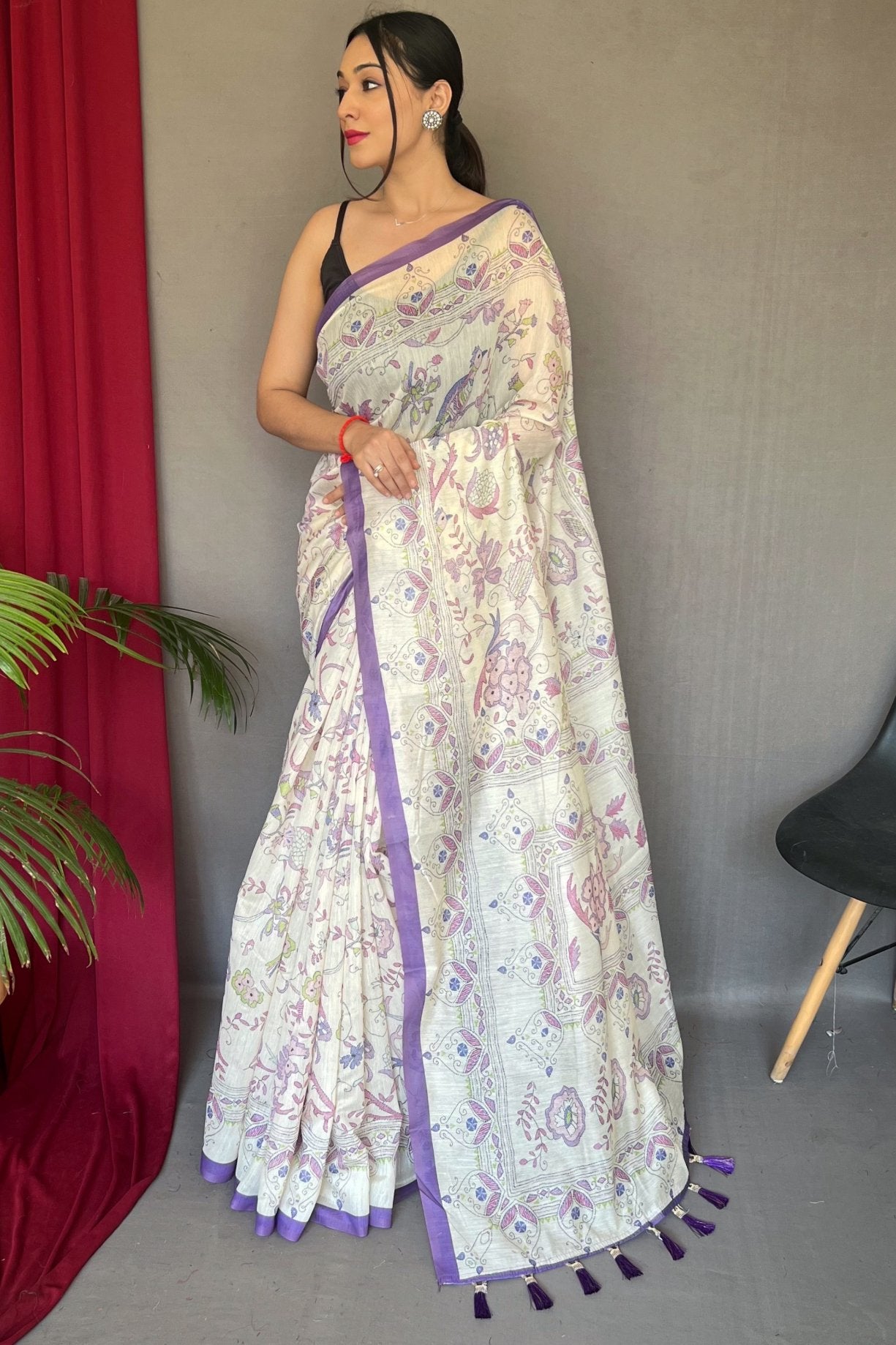 Lily Purple and White Printed Cotton Saree