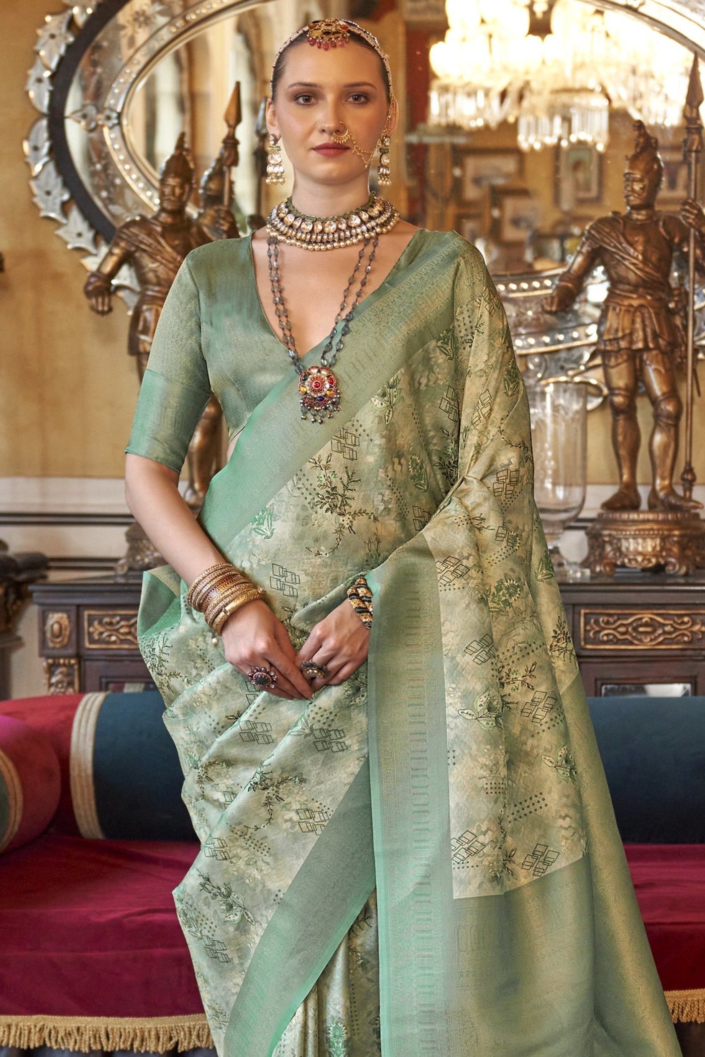 Hillary Green Tussar Banarasi Digital Printed Saree