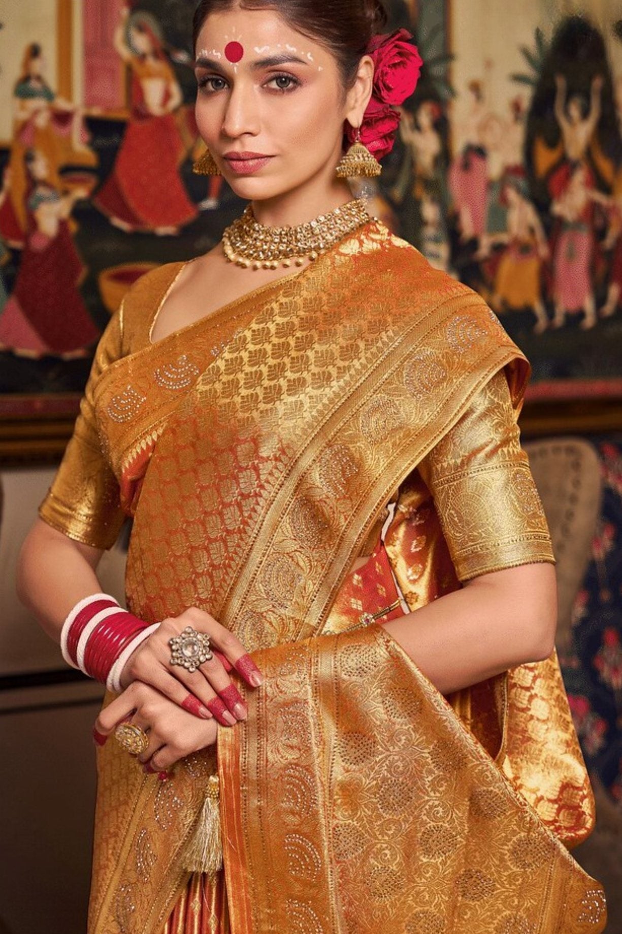 Raw Sienna Orange Zari Woven Banarasi Saree