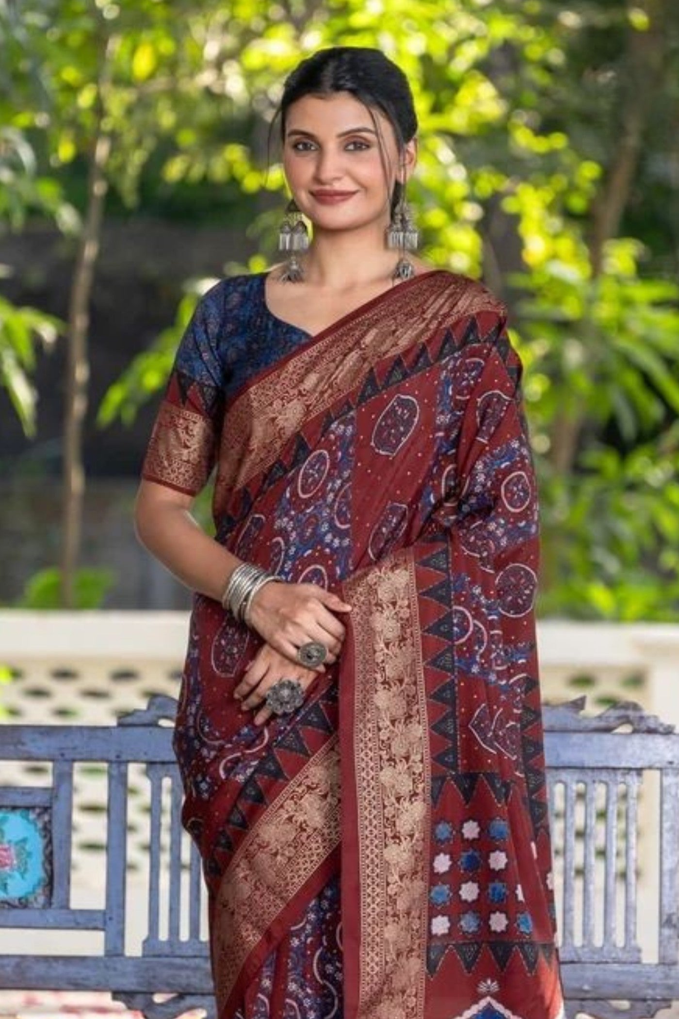 Walnut Brown Ajrakh Digital Printed Satin Saree