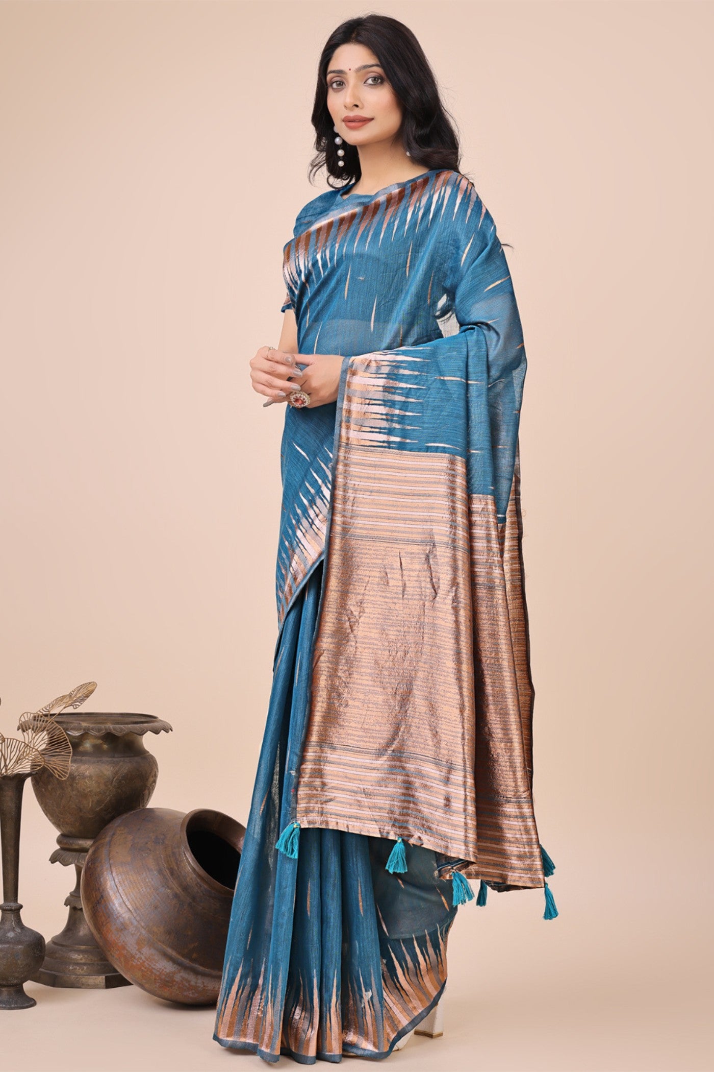 Cyan Blue Linen Cotton Saree