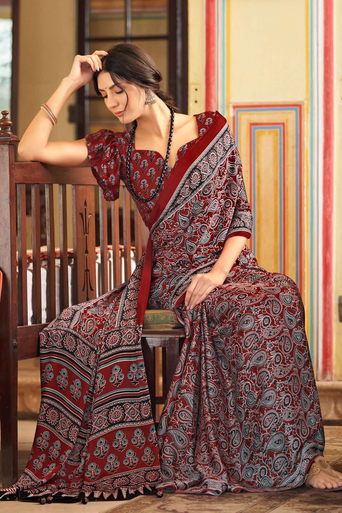 Nutmeg Dark Red Ajrakh Printed Satin Crepe Saree