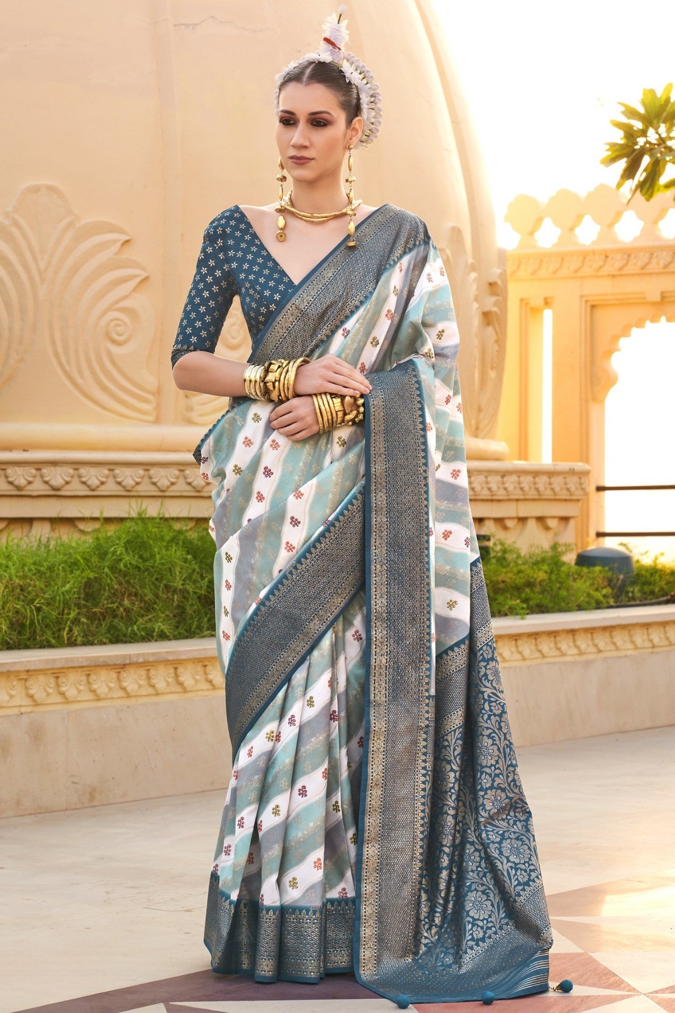 Corduroy Grey Woven Patola Printed Silk Saree