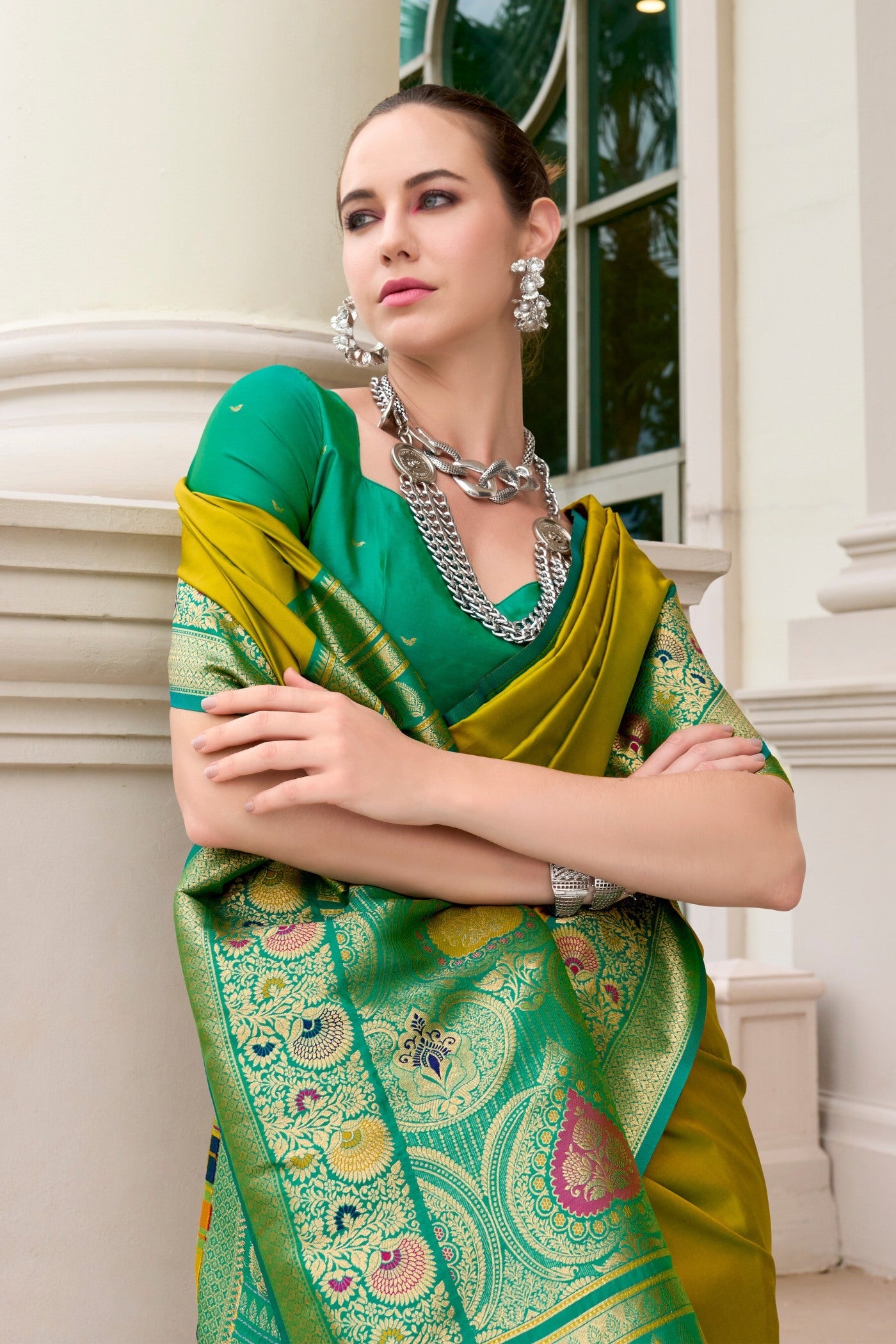 Galliano Green Woven Banarasi Soft Silk Saree