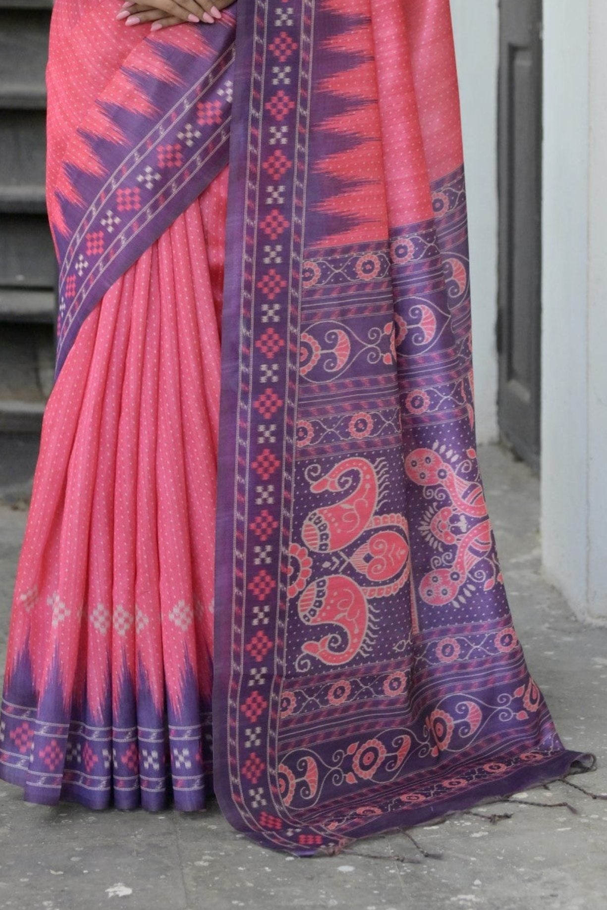 Blush Pink Printed Tussar Silk Saree