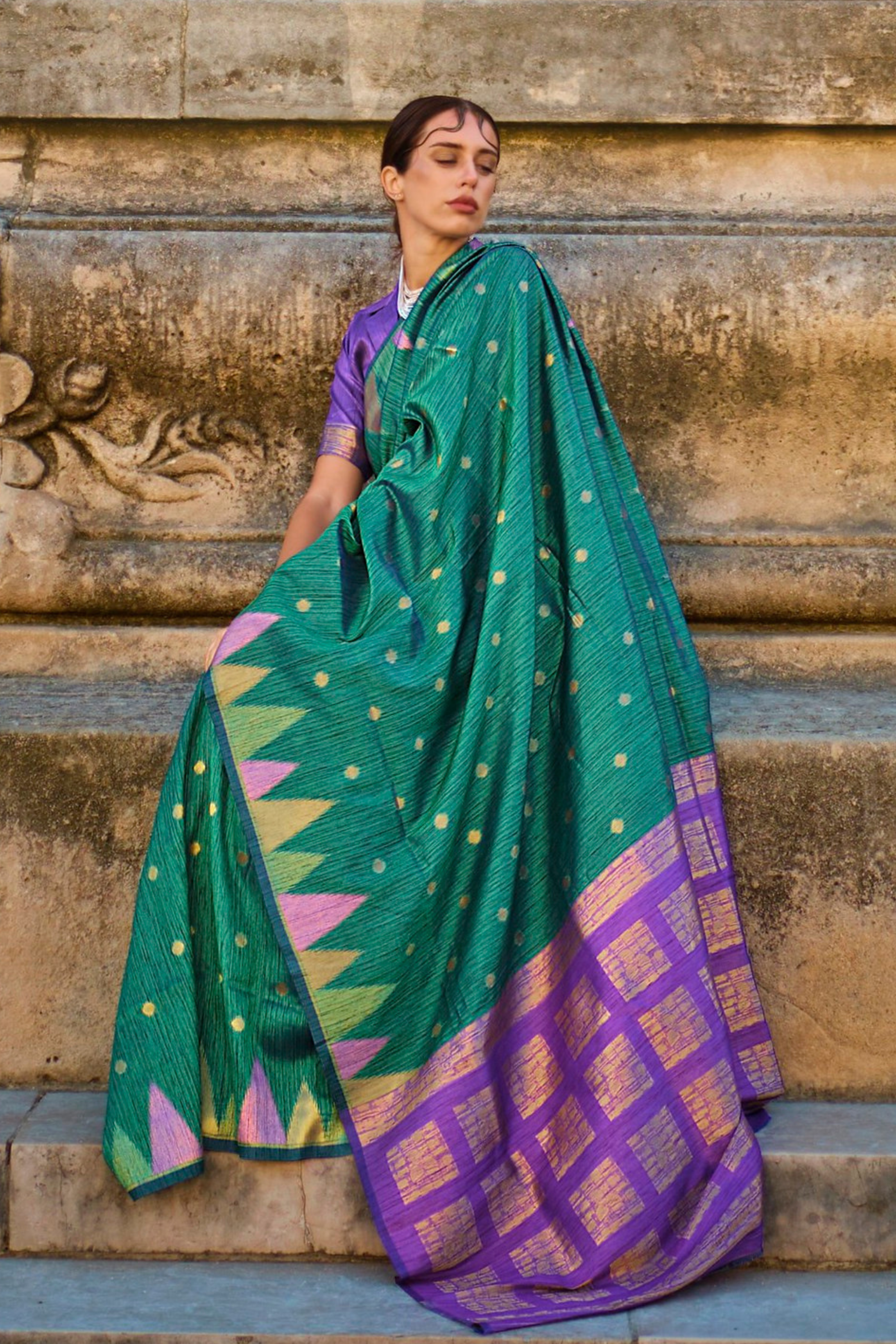 Sea Green South Tussar Temple Border Silk Saree