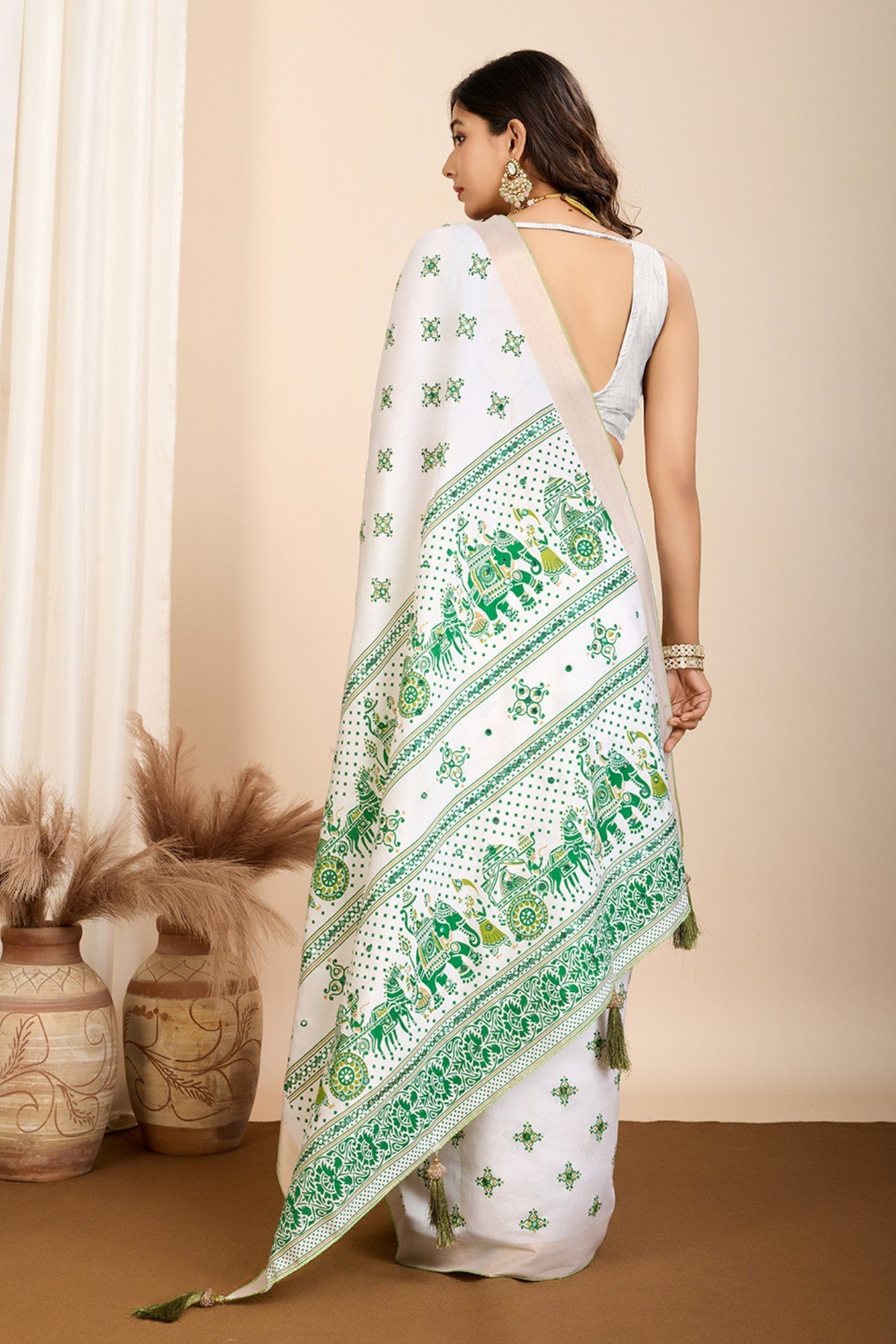 Pearl White and Green Printed Cotton Designer Saree