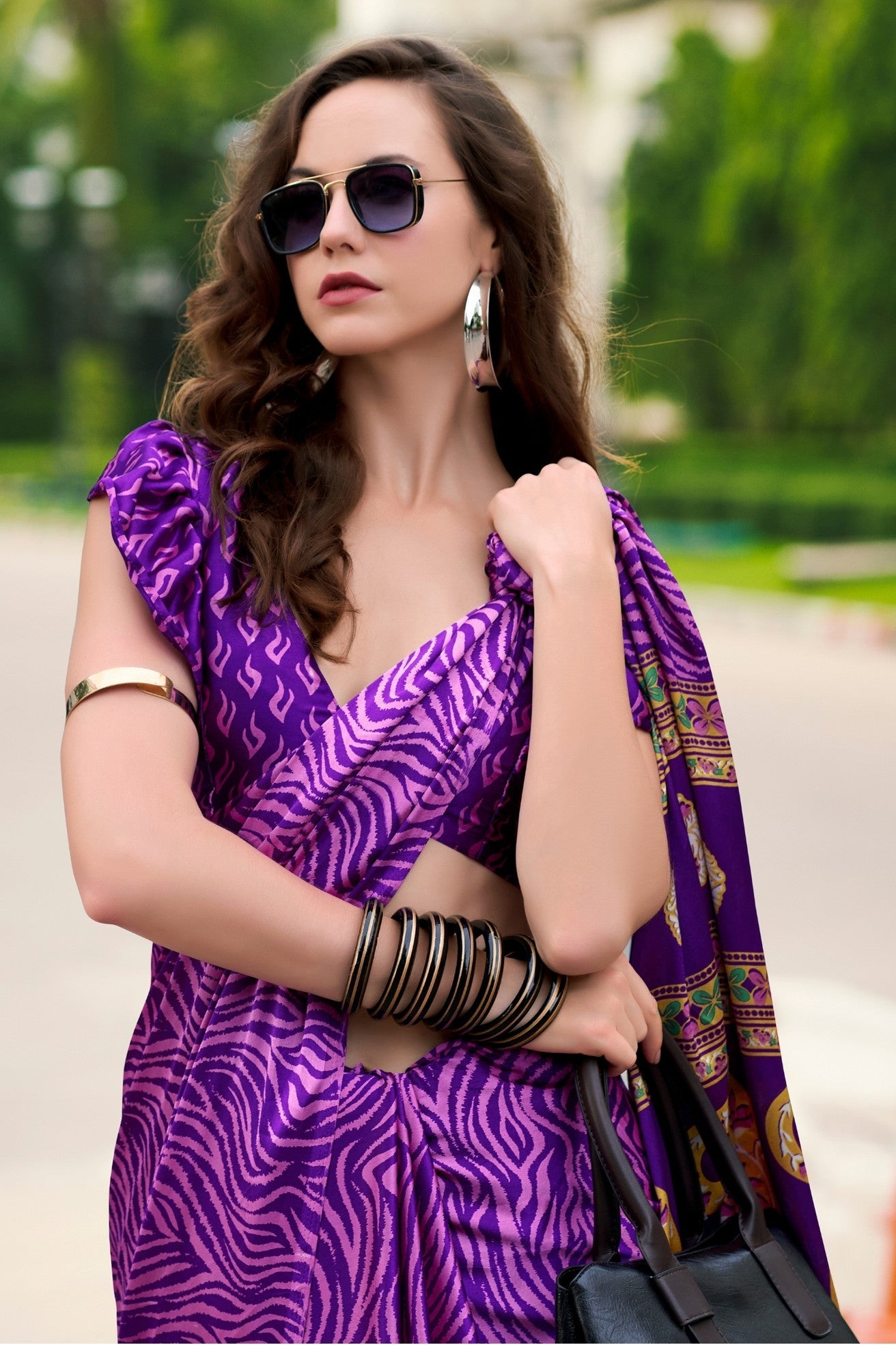 Violet Purple Printed Satin Crepe Saree