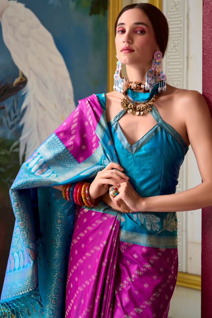 Mulberry Purple and Blue Banarasi Soft Silk Saree