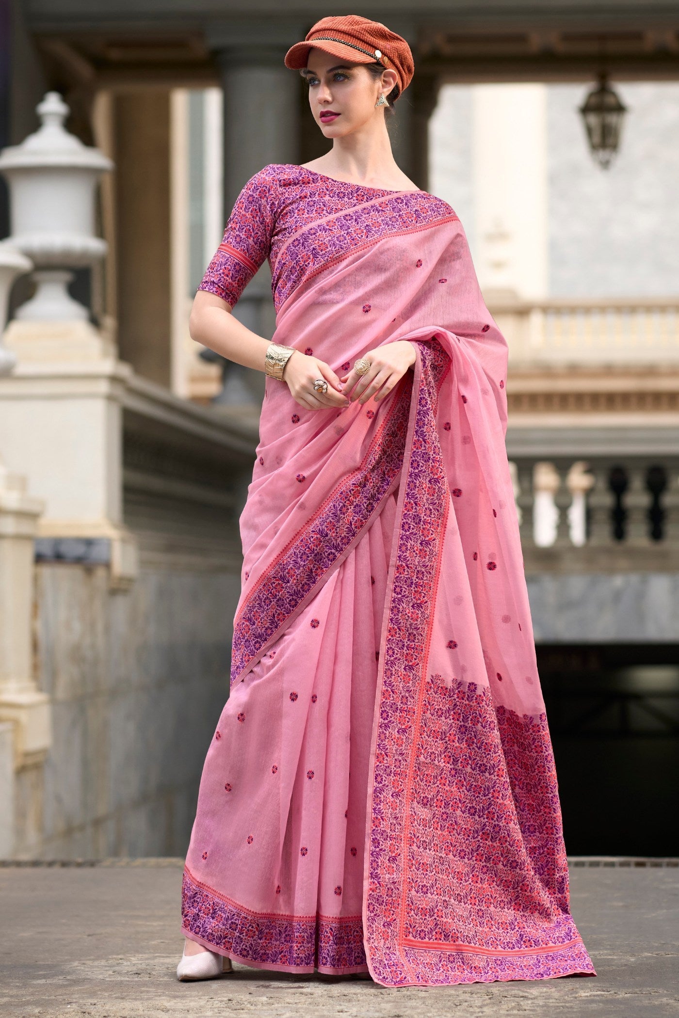 Carissma Pink Handloom Linen Cotton Saree