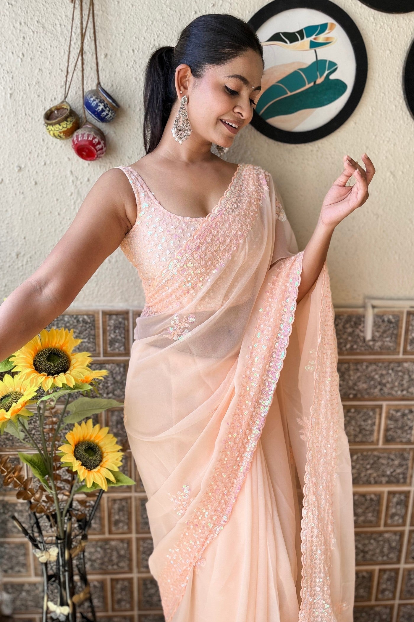 Peach Carnations Embroidery Georgette saree