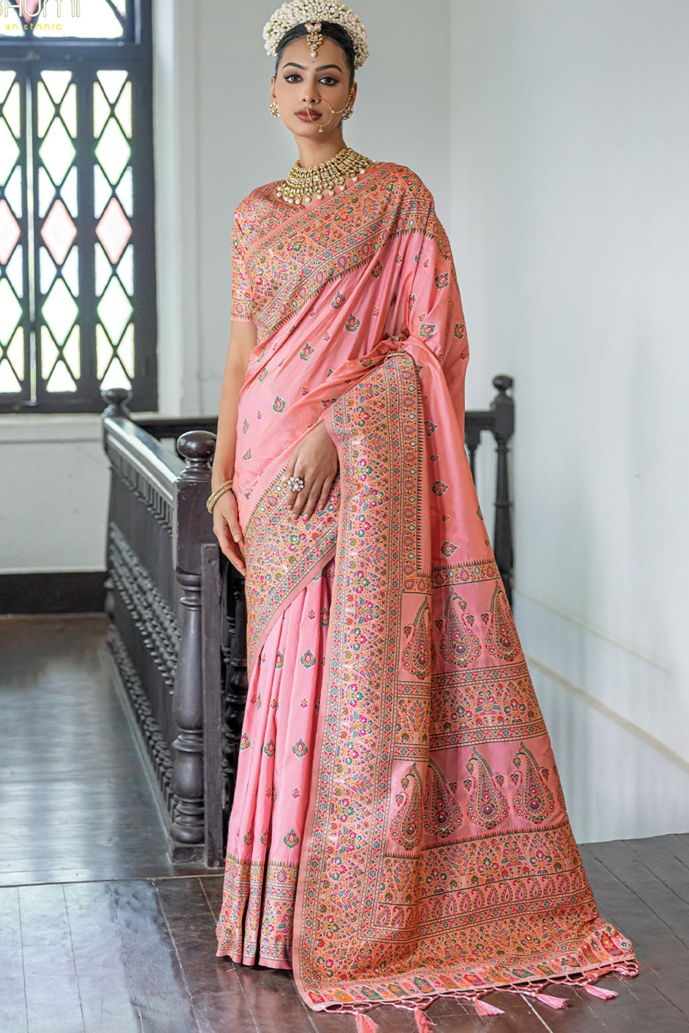 Shimmer Peach Kashmiri Handloom Woven Silk Saree