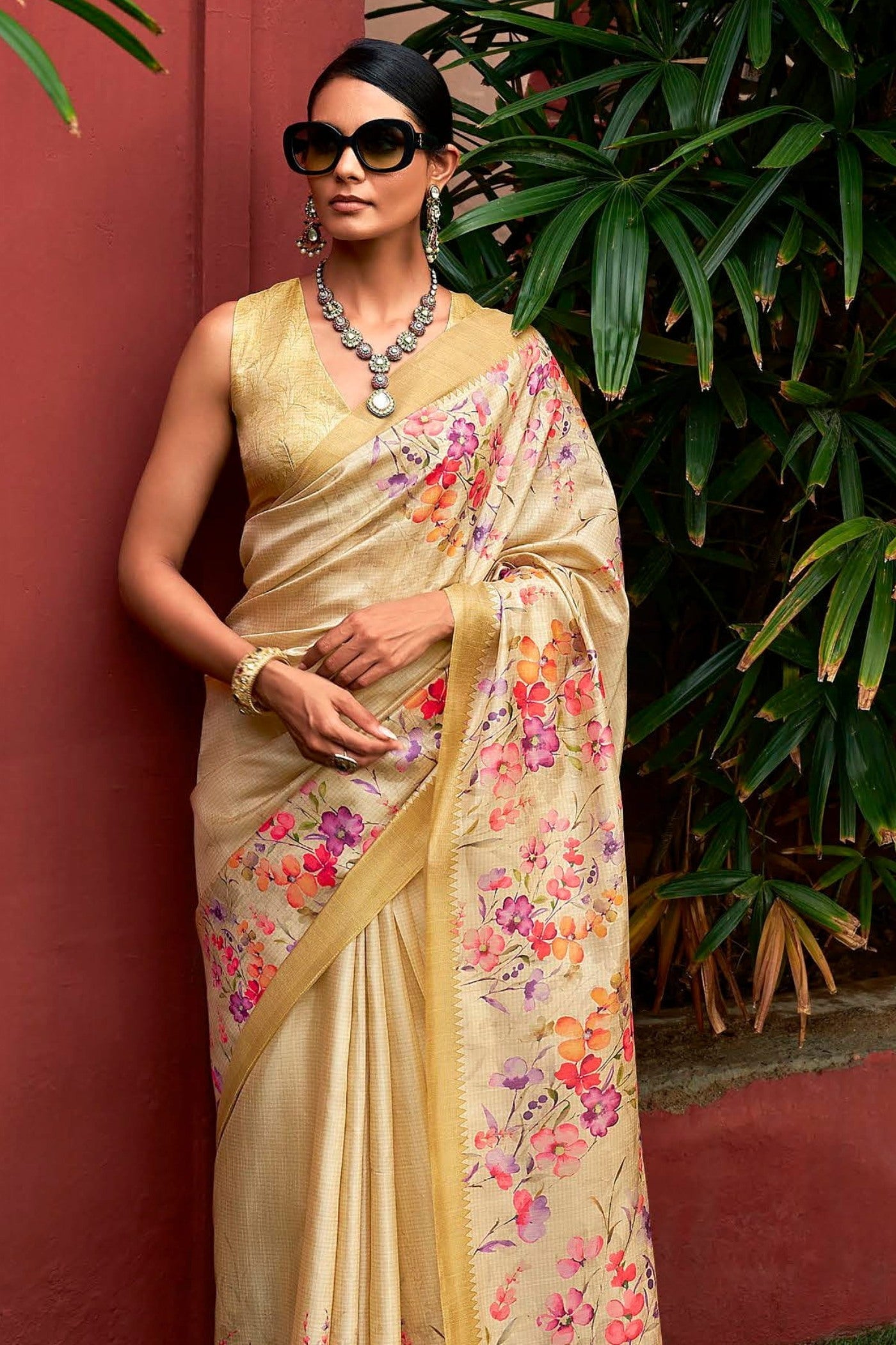 Tussock Yellow Digital Printed Banarasi Saree