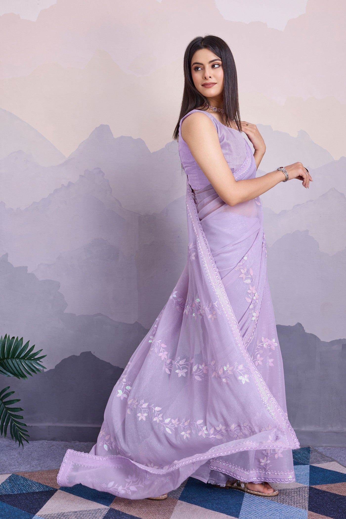 Lavender Flower Embroidered Designer Chiffon Saree