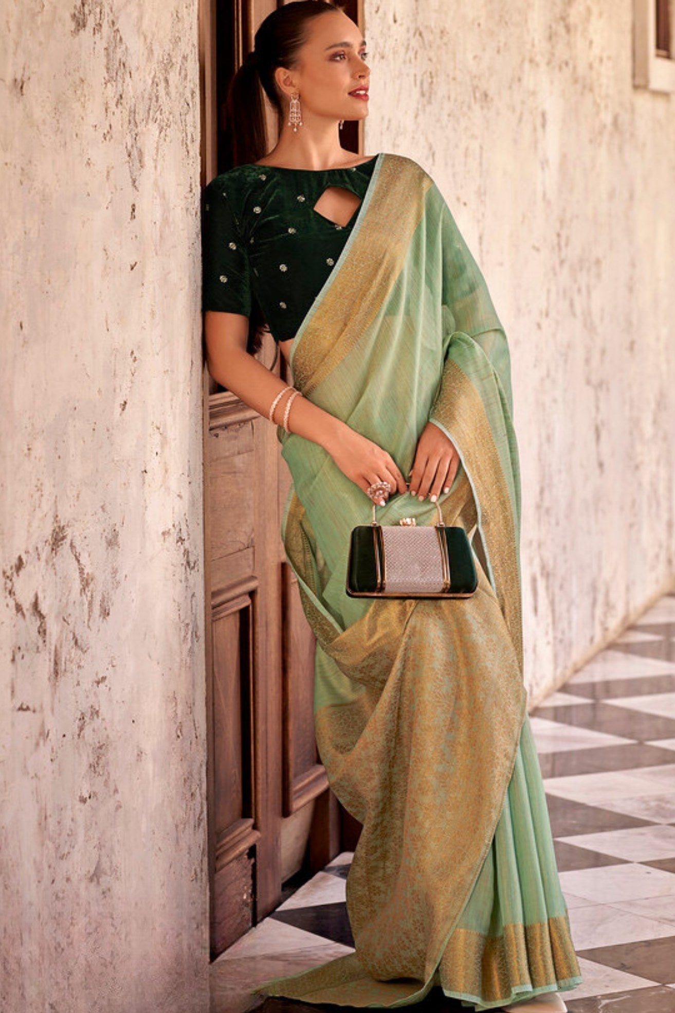 Axolotl Green Zari Woven Linen Saree