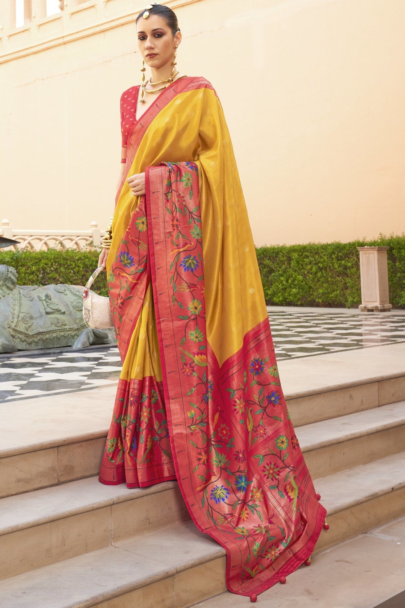 Mustterd Yellow and Red Woven Paithani Designer Saree