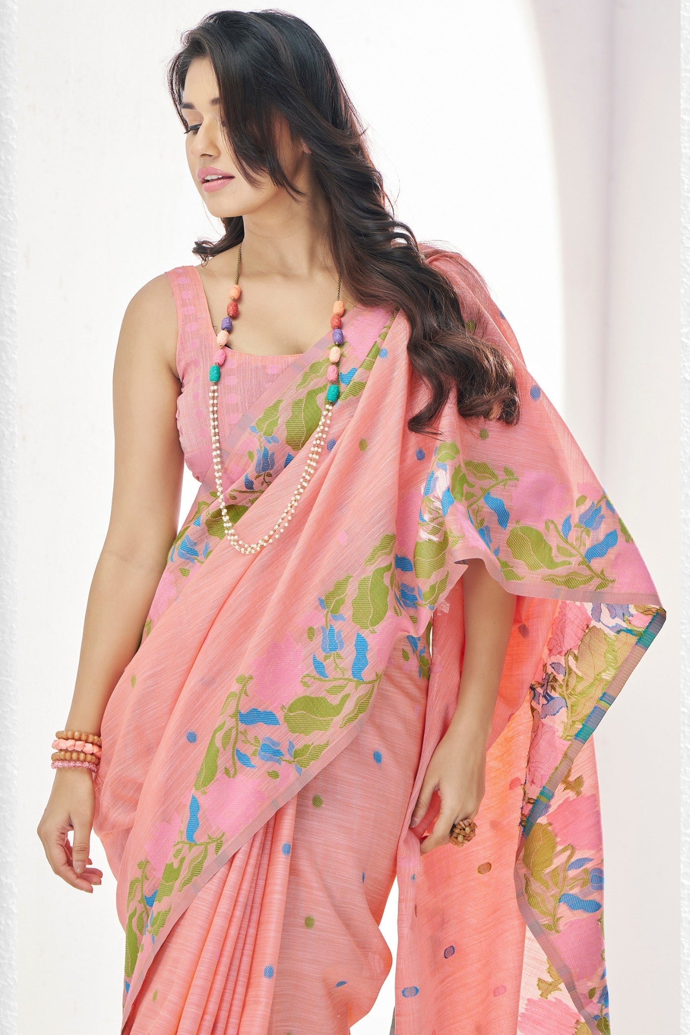 Copper Peach Printed Linen Saree