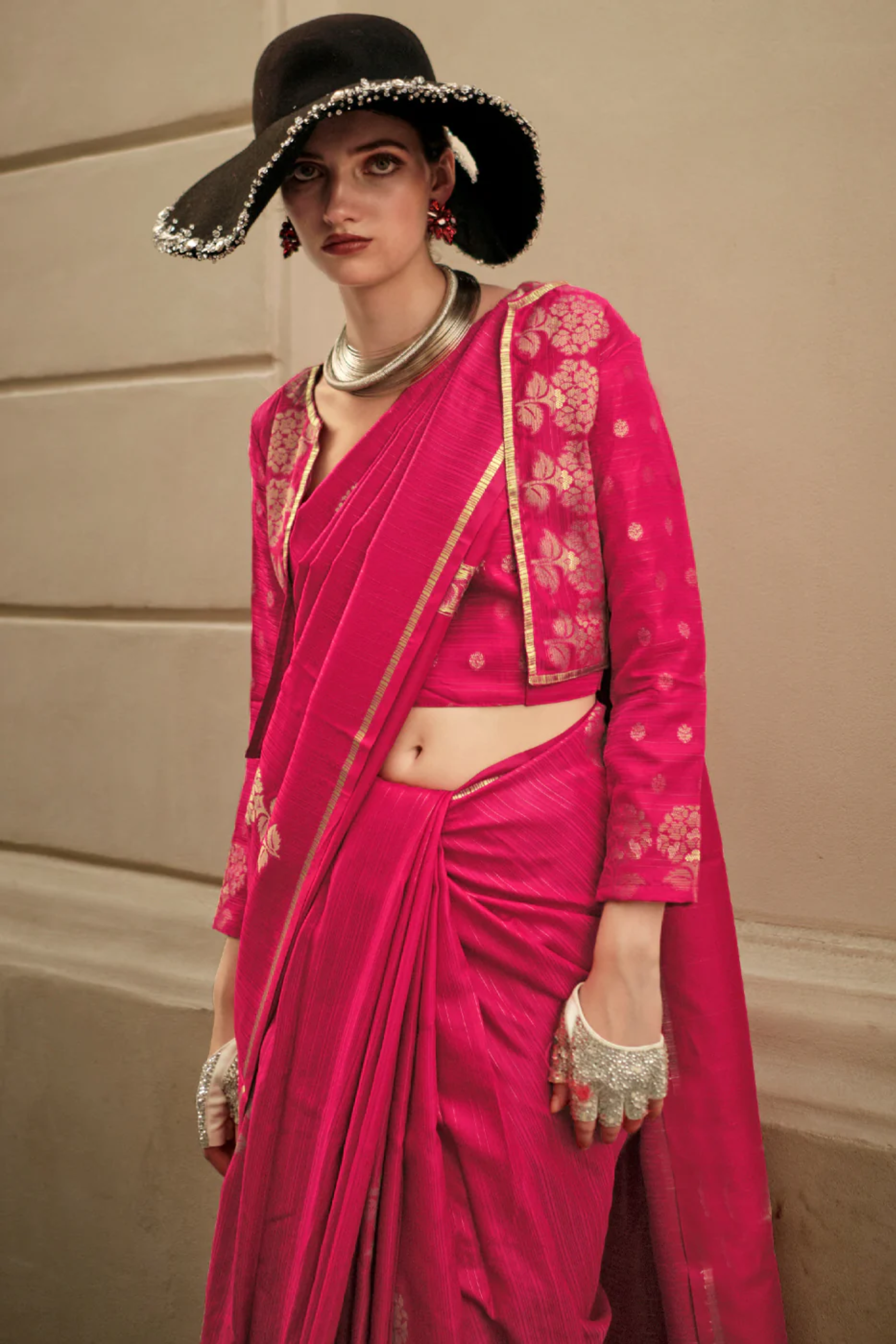 Dingy Dungeon Pink Woven Banarasi Satin Silk Saree