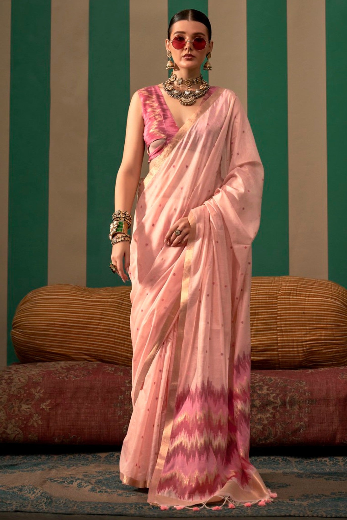 Contessa Peach Handloom Linen Saree