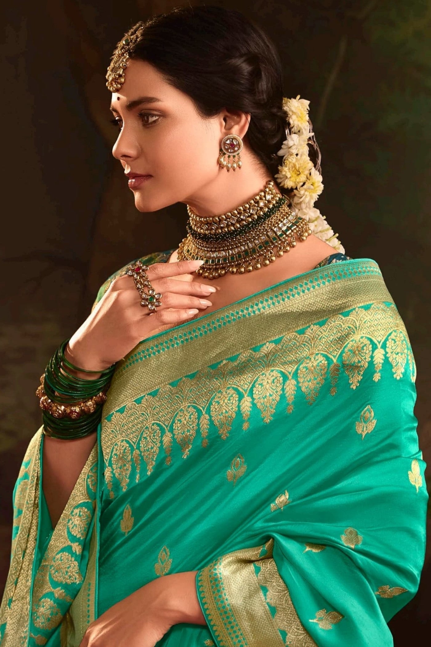 Emerald Green Designer Banarasi Dola Silk Saree