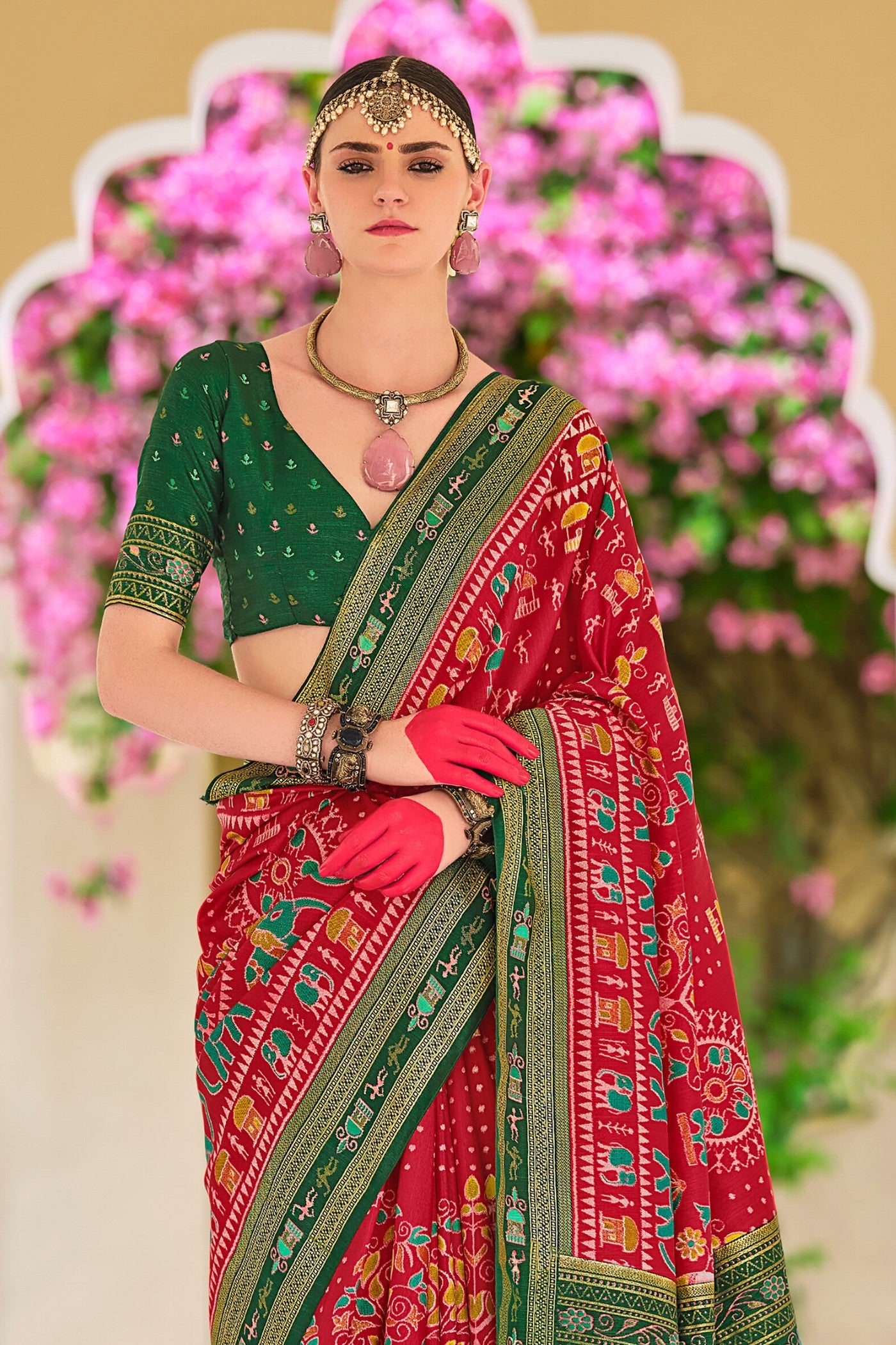 Chilly Red and Green Printed Patola Saree