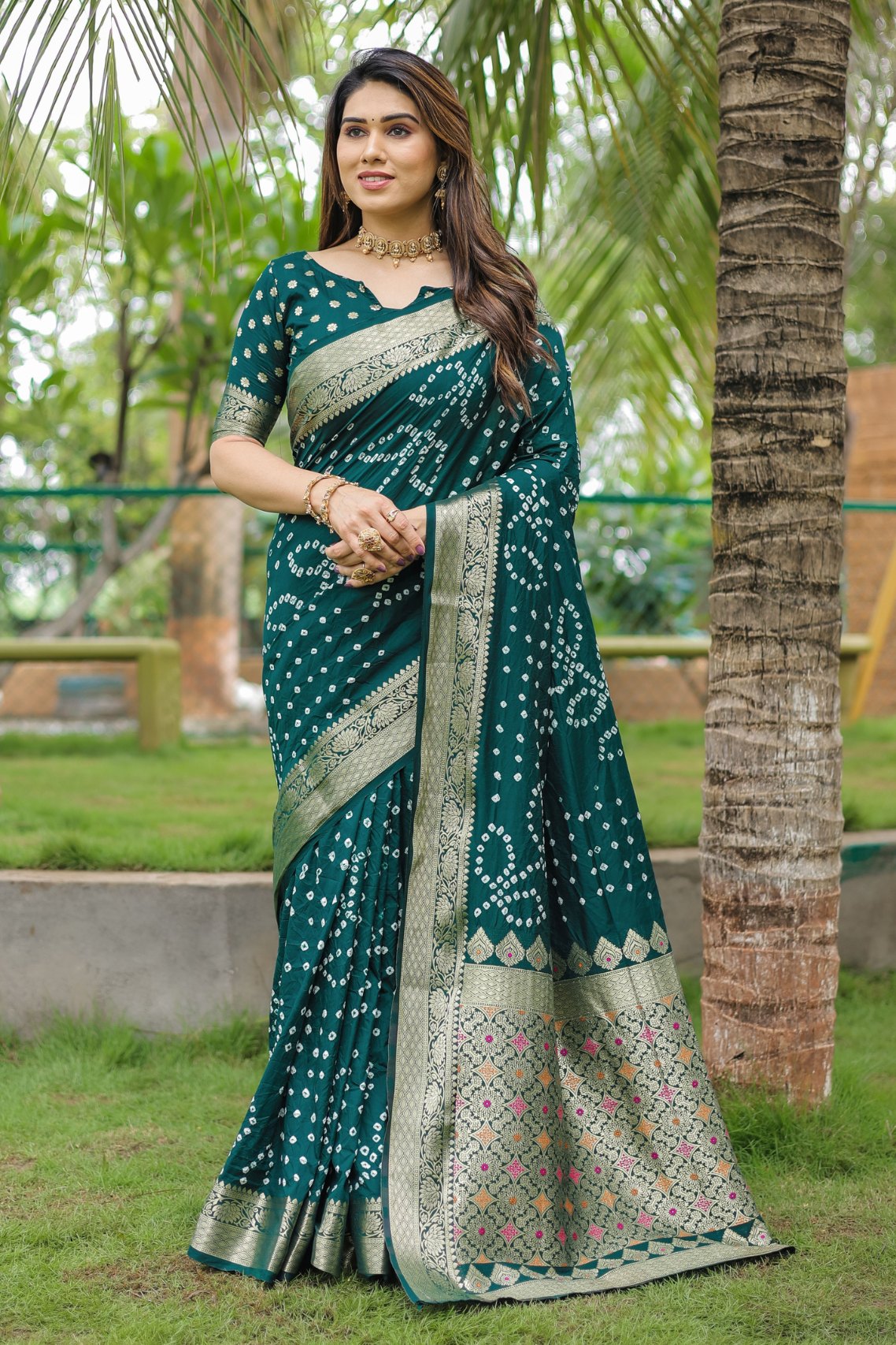 Firefly Green Woven Bandhani Dola Silk Saree