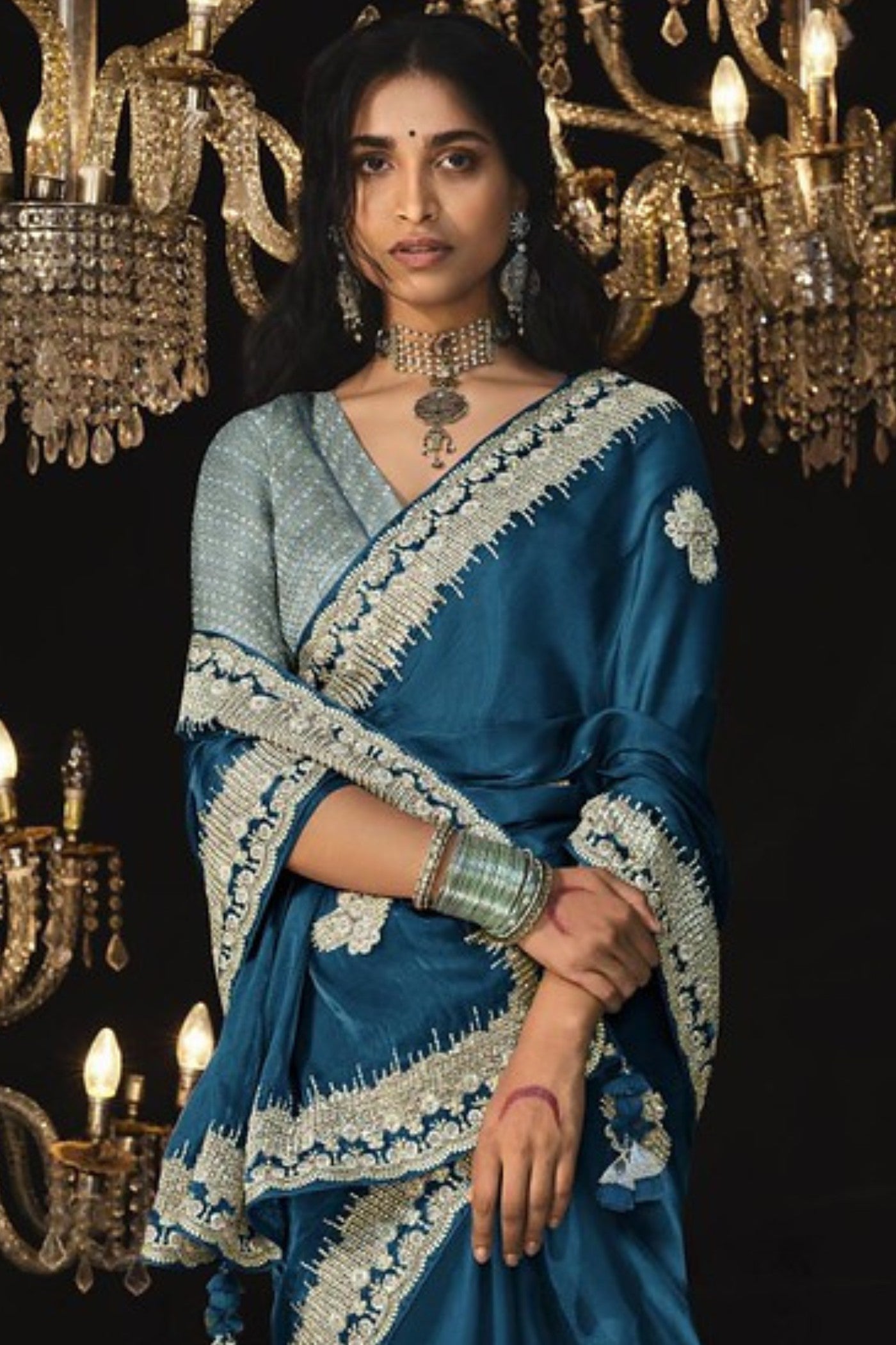 Neon Blue Tissue Embroidered Designer Saree