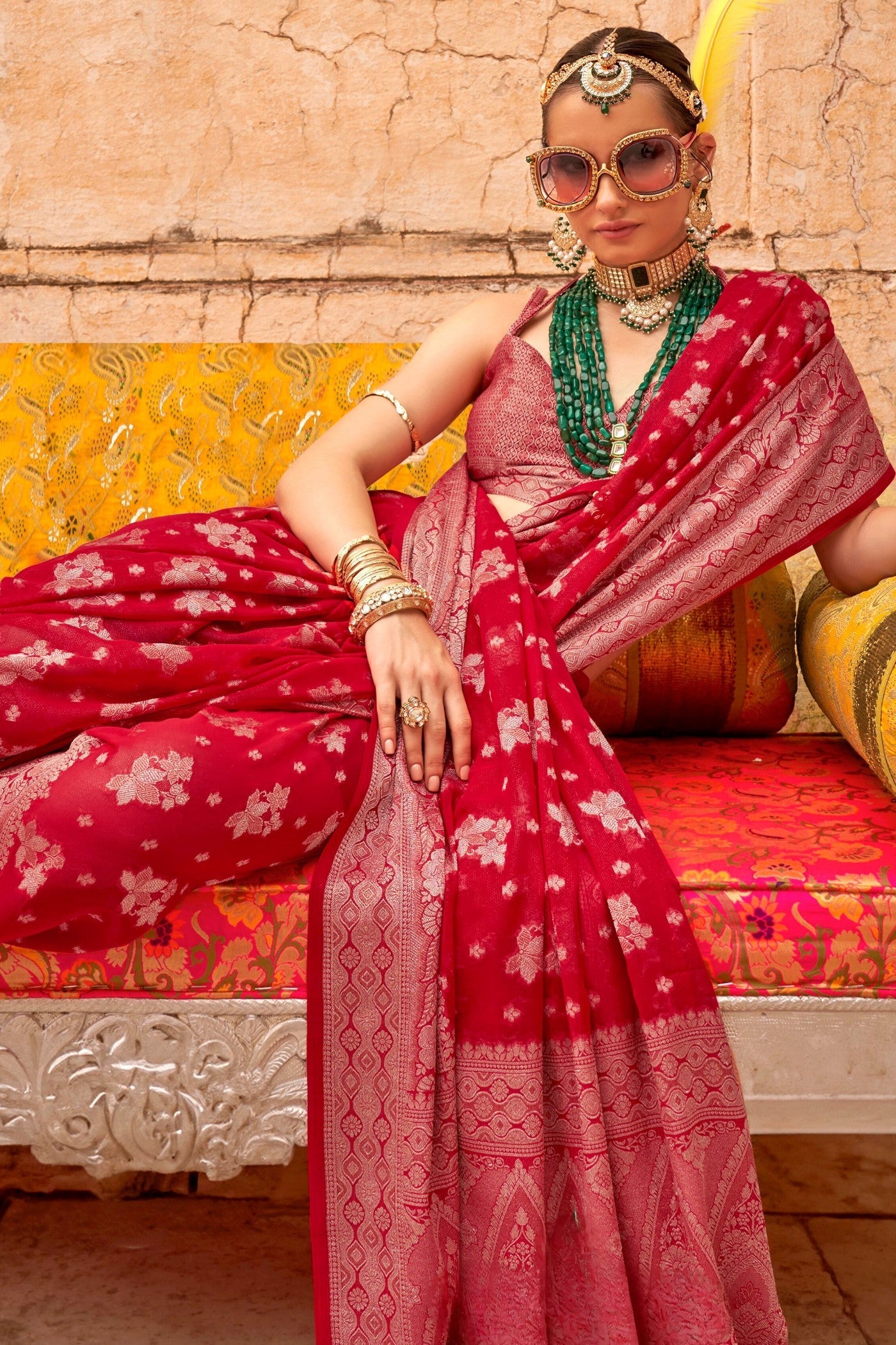 Thunderbird Red Zari Woven Georgette Saree